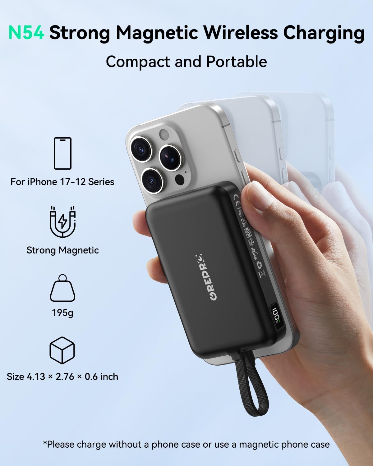 Detalle de GREPRO Magnetic Power Bank 10000mAh with 22.5W USB-C Cable — MagSafe compatible