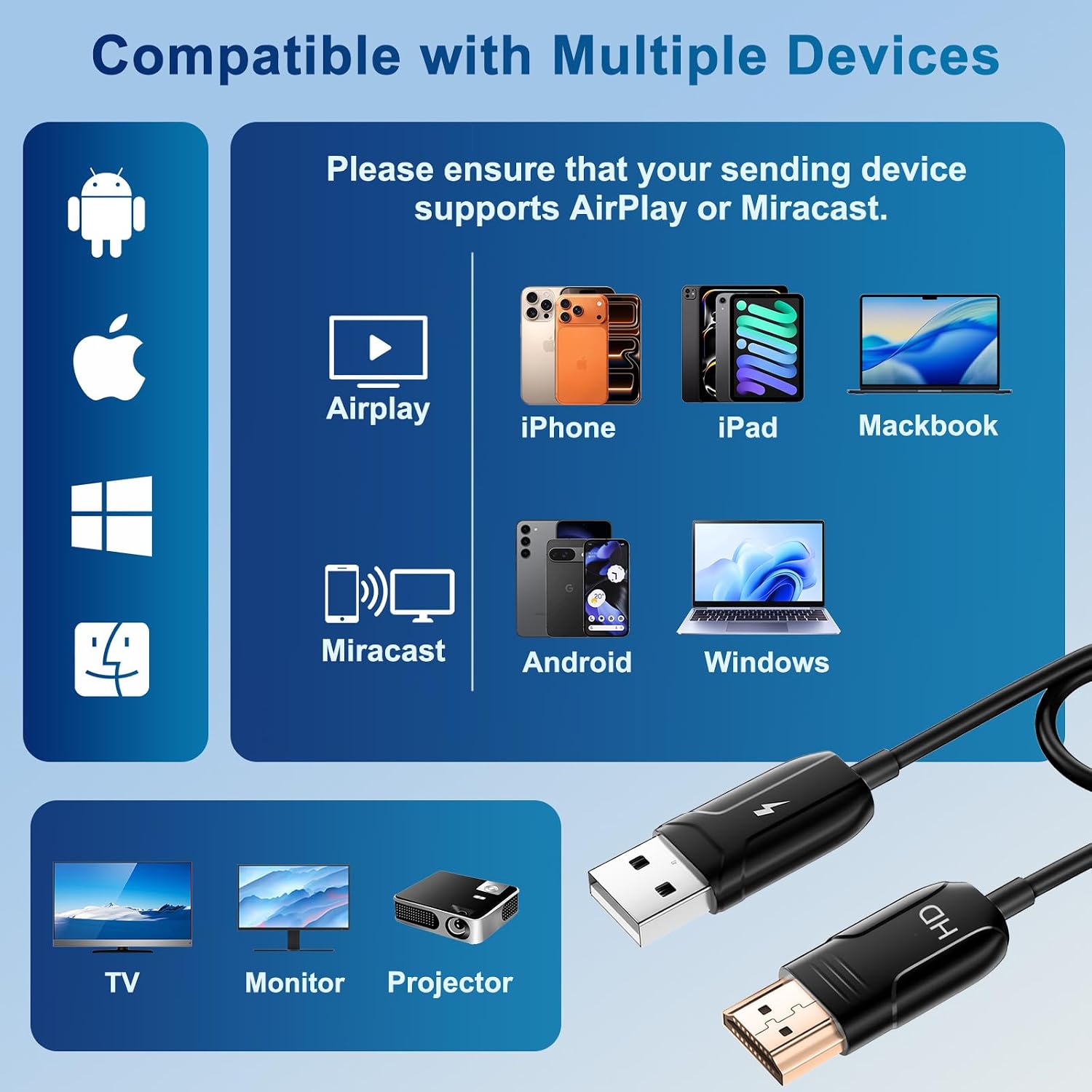 Detalle 2 de Wireless HDMI Display Adapter mit Miracast & AirPlay – kabellose Bildübertragung von iPhone, iPad, Android & Laptop auf TV/Monitor/Projektor