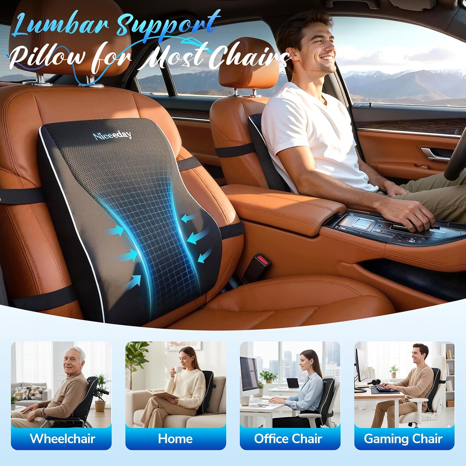 Thumbnail 4 de Niceeday Lumbar Support Pillow for Office Chair and Car – Memory Foam Back Cushion 45×40×12 cm