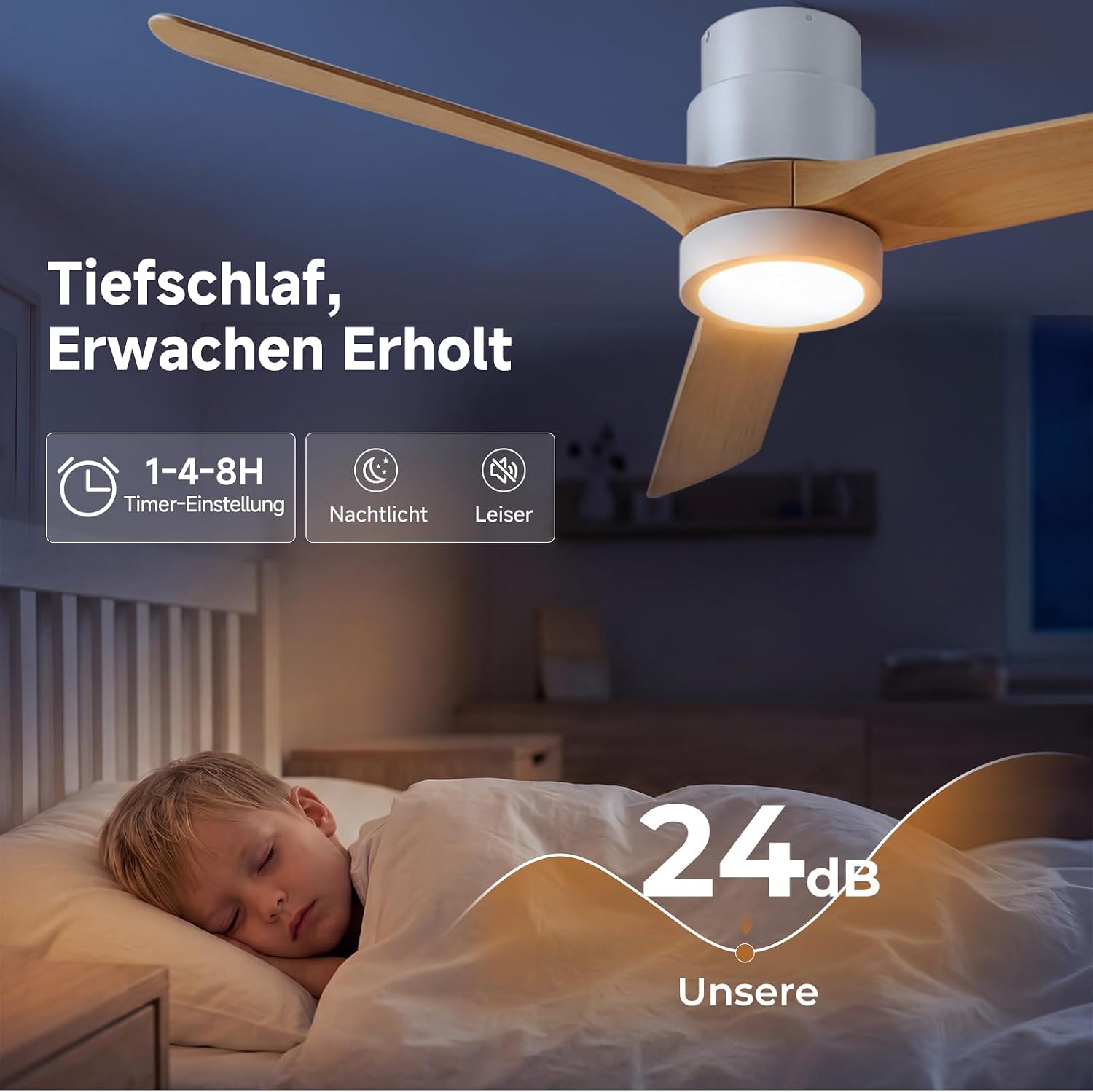 Detalle 2 de Ateroll 132 cm Deckenventilator mit Beleuchtung – leiser DC-Motor, 6 Geschwindigkeiten, Timer 1/4/8h, Dimmbare LED