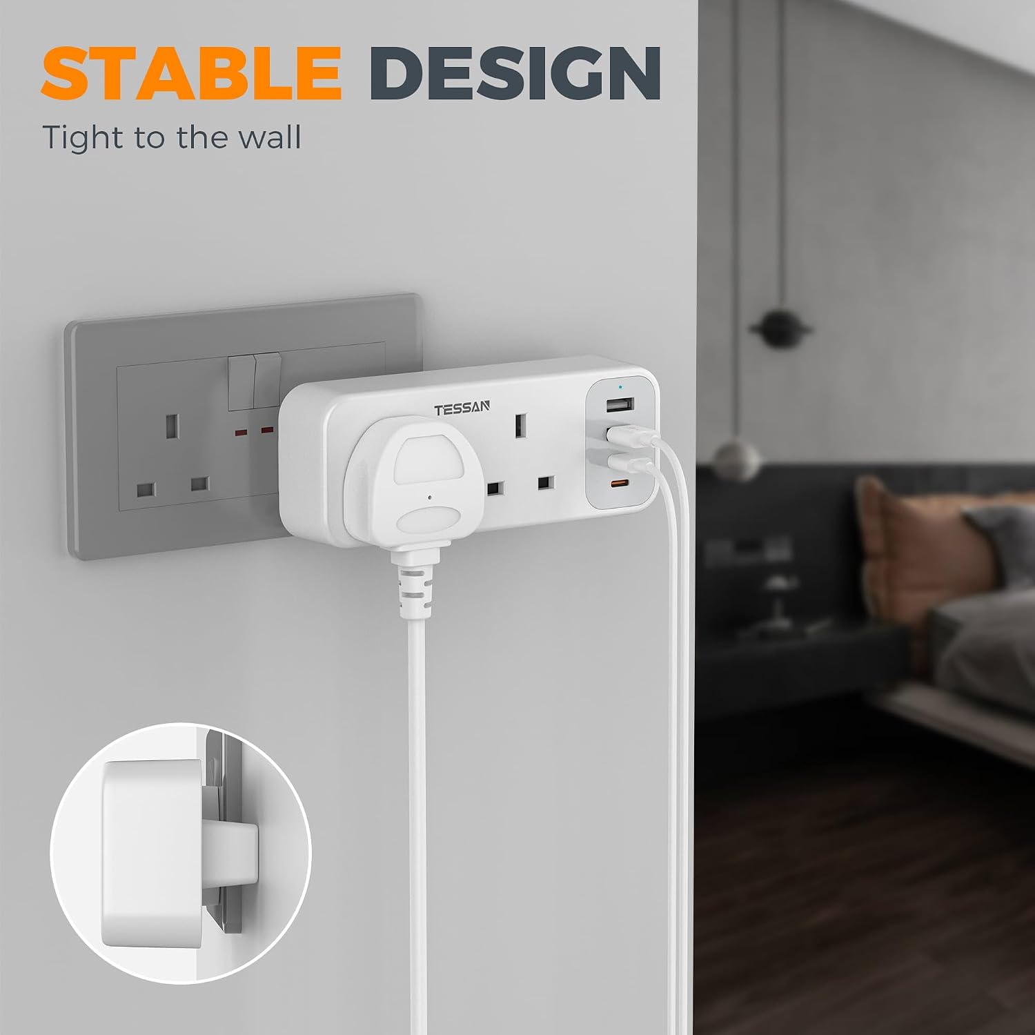 Detalle 2 de TESSAN 2 Way 6-in-1 Multi Plug Extension Socket with 4 USB (2 USB-C) – UK 13A Adaptor