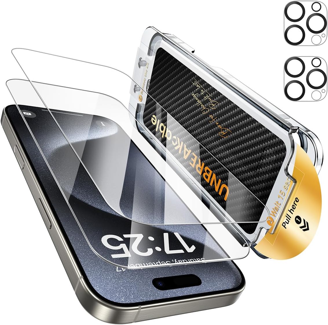 Detalle de UNBREAKcable Top 9H+ Screen Protector for iPhone 15 Pro (2+2 Pack) with Lens Protectors