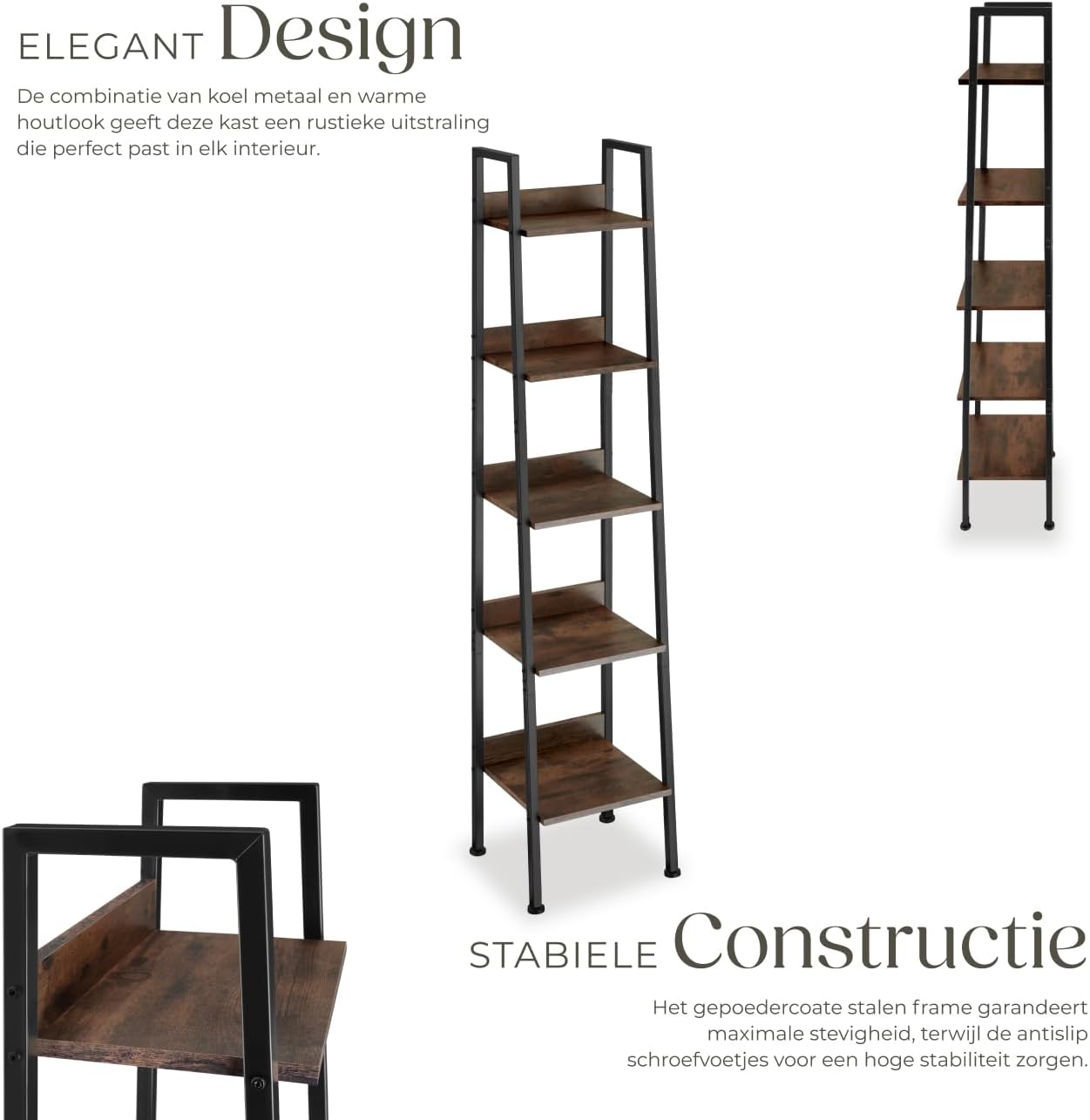 Detalle de tectake Ladderrek met 5 planken, donkerbruin en zwart staal, 170,5 cm hoog