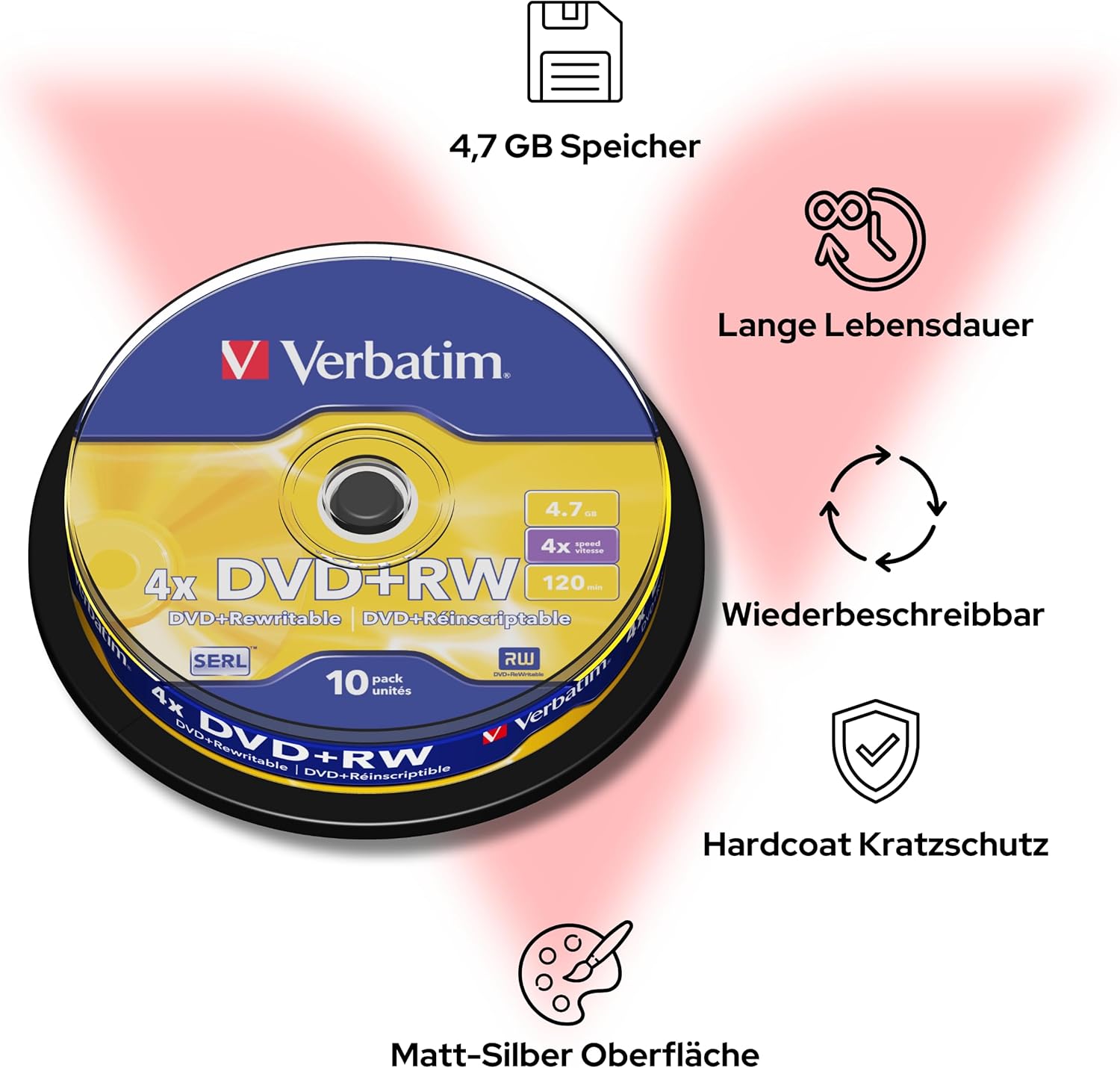 Thumbnail 3 de Verbatim DVD+RW 4,7 GB Spindel mit 10 Stück – 4-fach Brenngeschwindigkeit & Kratzschutz