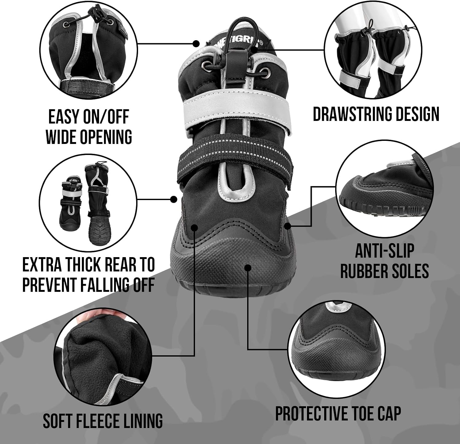 Detalle de OneTigris Dog Boots Paw Protector (Waterproof, Reflective, Non-Slip) – Black, Size #8