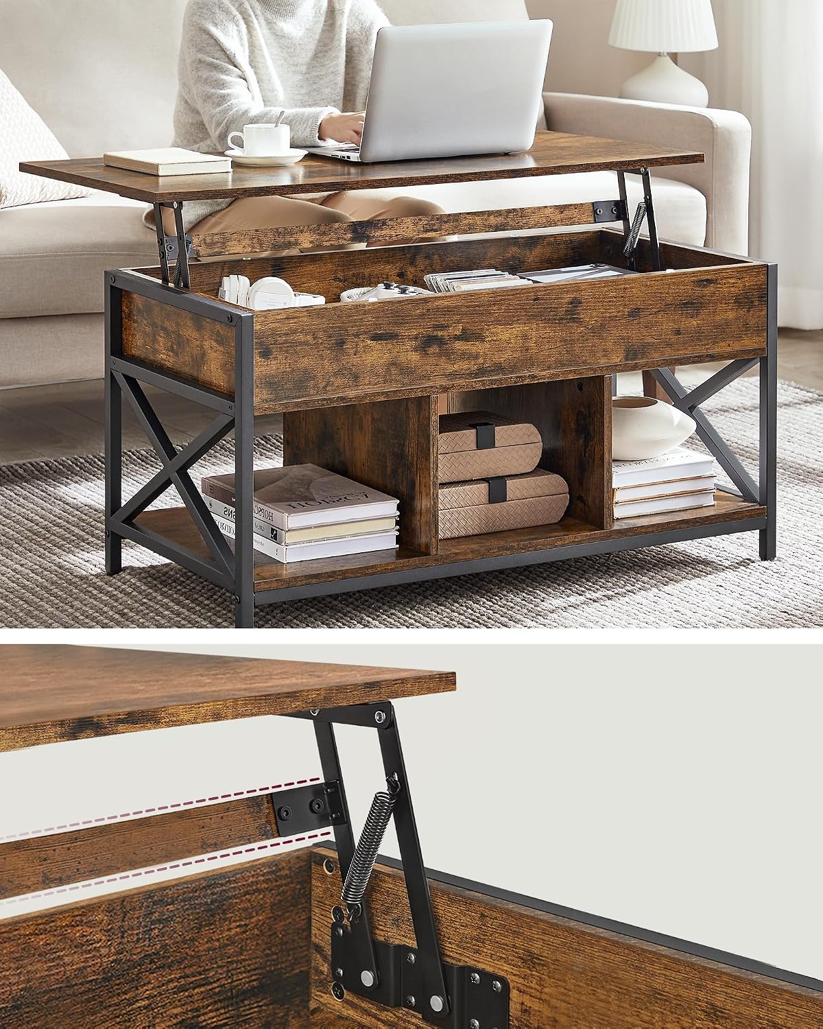 Detalle 2 de VASAGLE LCT202B01 Lift-Top Coffee Table with Steel Frame and Hidden Storage