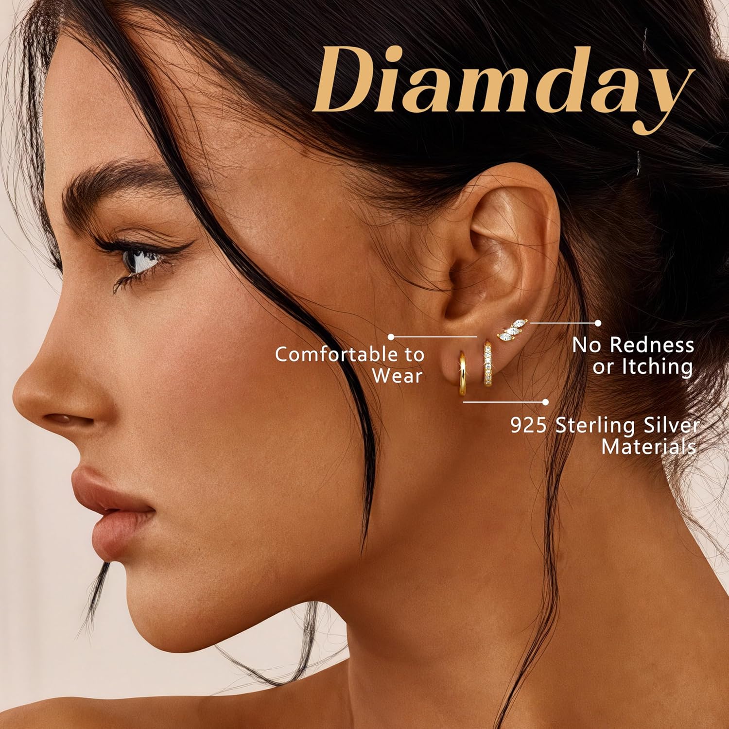 Detalle de Diamday 3 Paar Ohrringe Silber 925 Creolen – hypoallergen und vergoldet