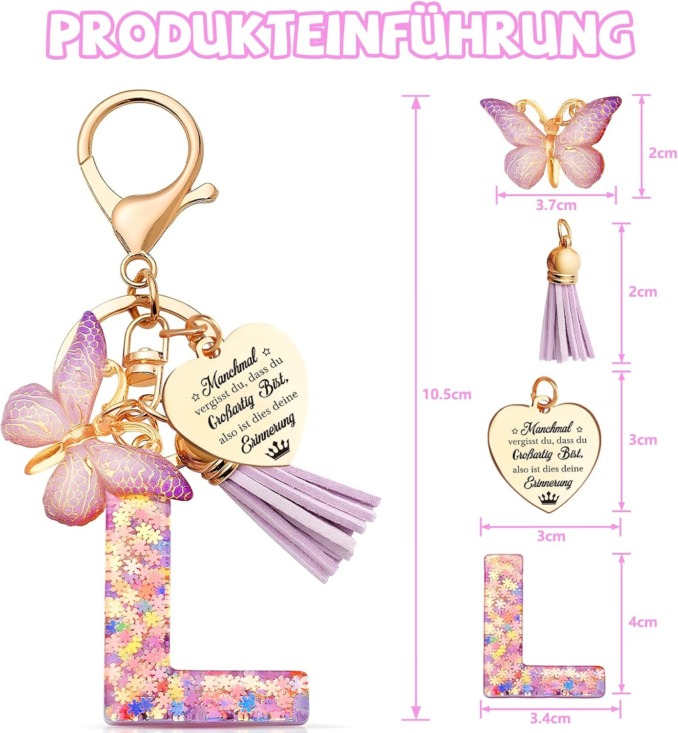 Detalle de Anruzon Schlüsselanhänger Mädchen – Buchstabe, Schmetterling und personalisierbar
