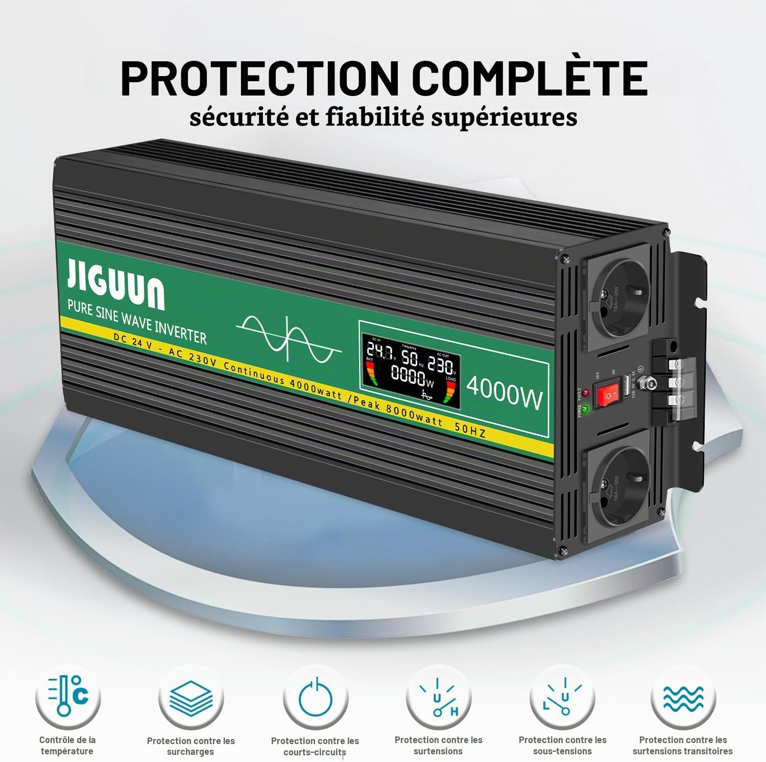 Detalle 1 de JIGUUN 4000W24V omvormer 24 V met zuivere sinus, 8000 W piekvermogen en lcd