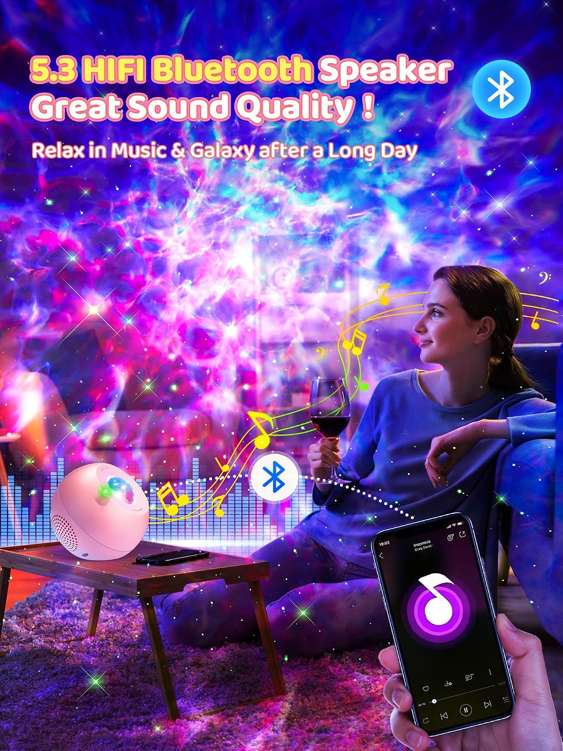 Detalle de One Fire WH-E14A Galaxy Projector with Bluetooth, Green Stars and Remote