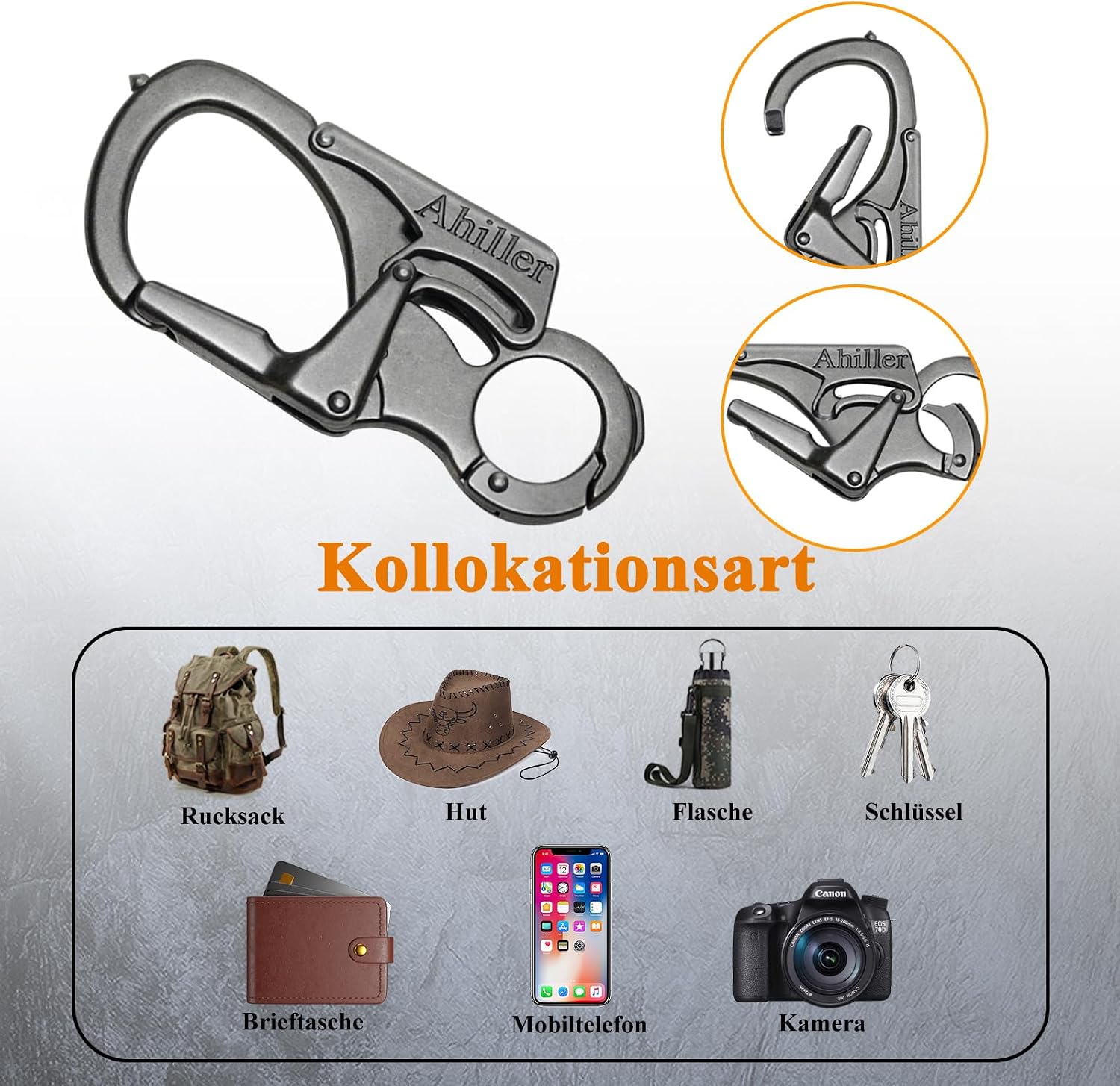 Detalle de Ahiller Karabiner Schlüsselanhänger mit Wolframstahl-Spitze (Notfall-Clip, doppelt gesichert)
