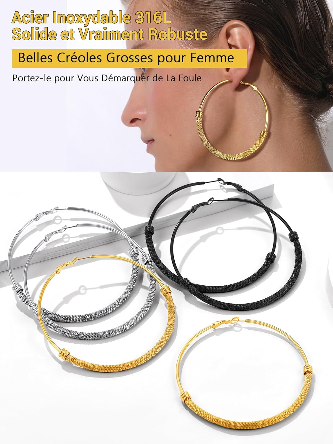 Thumbnail 2 de PROSTEEL Créoles Acier Inoxydable 316L avec Maillons – Diamètre 80 mm, plaqué or 18k ou noir