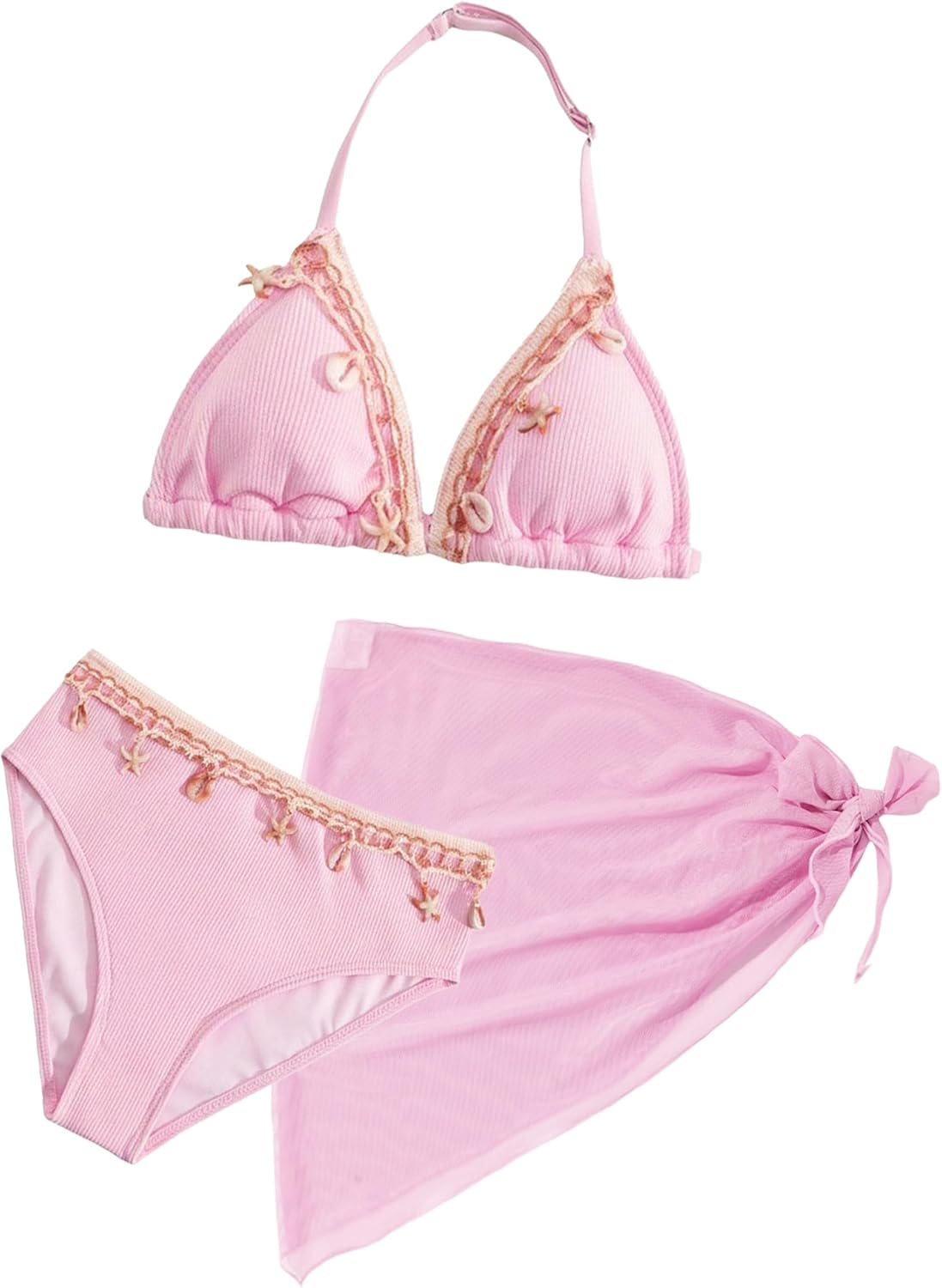 Thumbnail 5 de Girls 3-Piece Ribbed Bikini Set with Removable Chest Pads, Backless Halter Neck & Beach Skirt (Age 8–12 Years)