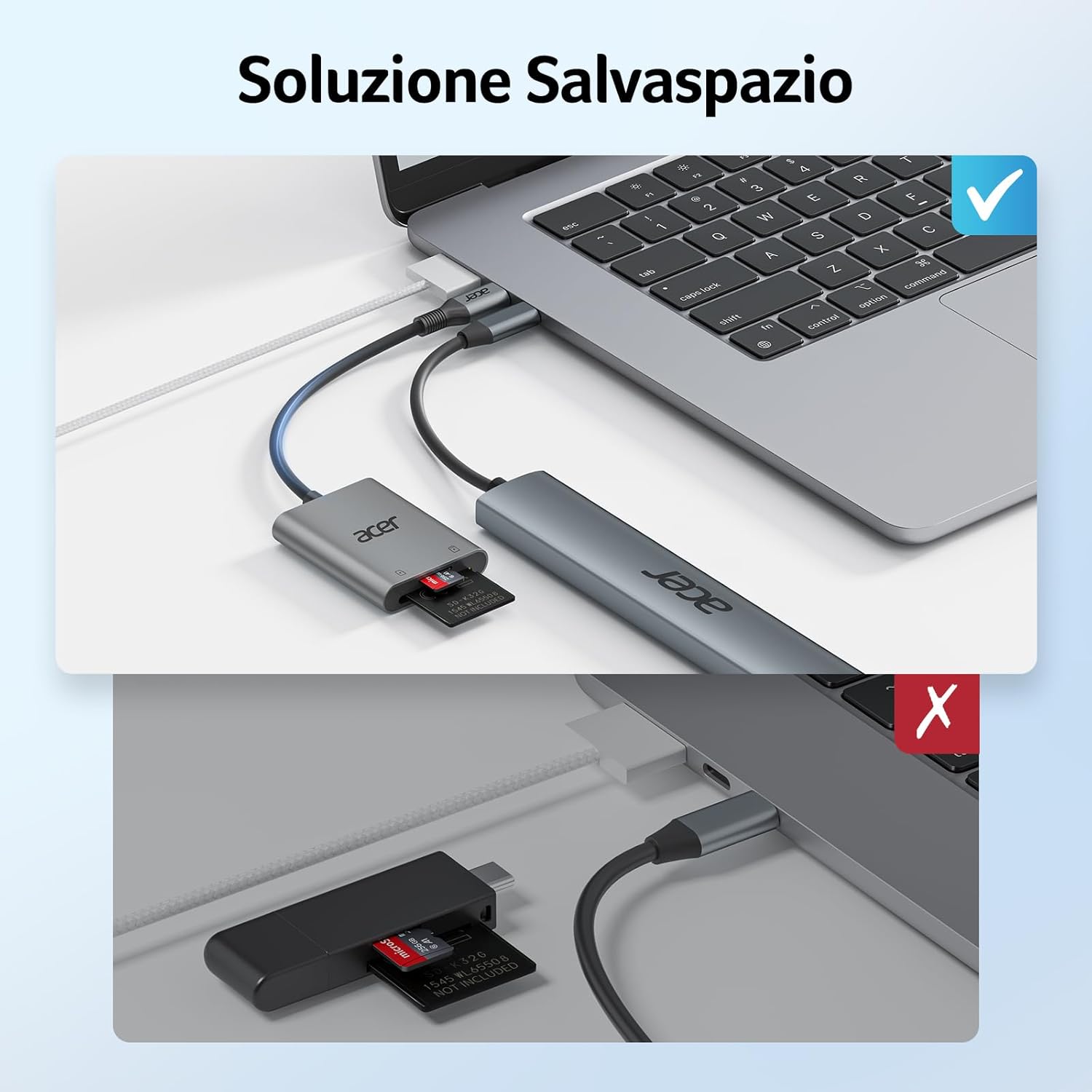Detalle de Lettore di schede SD USB C Acer: lettura/scrittura simultanee e compatibilità ampia