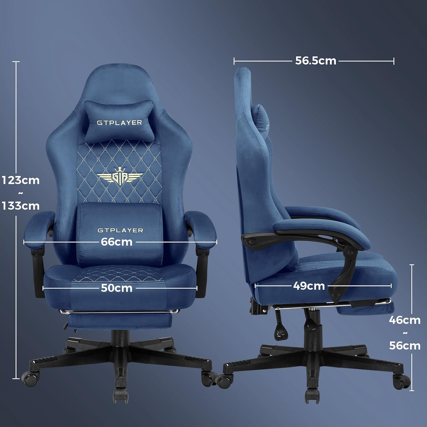 Detalle 2 de GTPLAYER Blue Fabric Gaming Chair with Spring-Cushioned Seat and Footrest