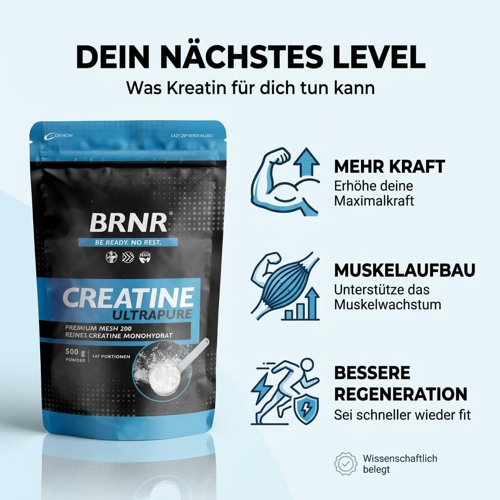 Thumbnail 4 de BRNR Creatin Monohydrat Pulver, 500 g – ultrapures DE Pulver, geprüft und extrafein