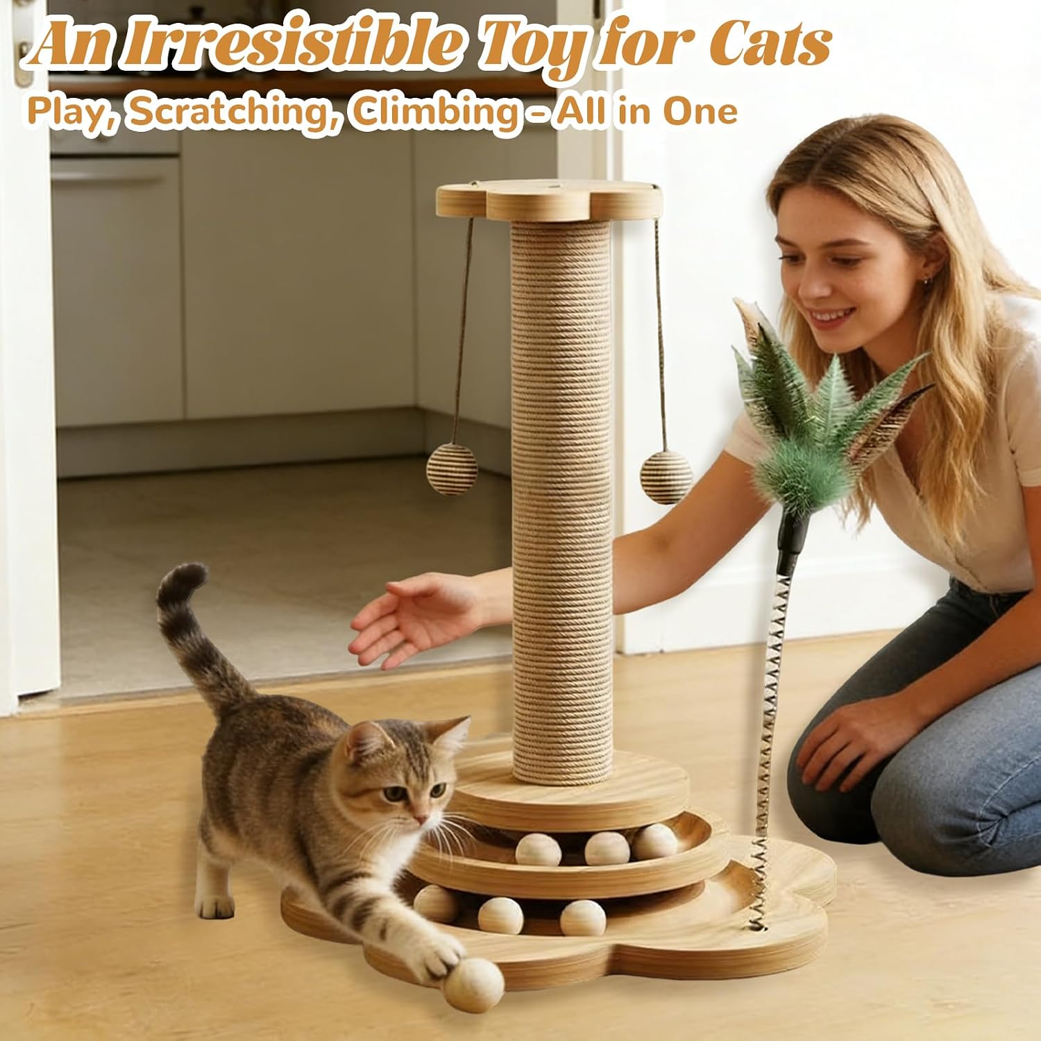 Detalle 2 de Cat Scratching Post with Sisal Rope – Interactive 46cm Wood Base Cat Toy