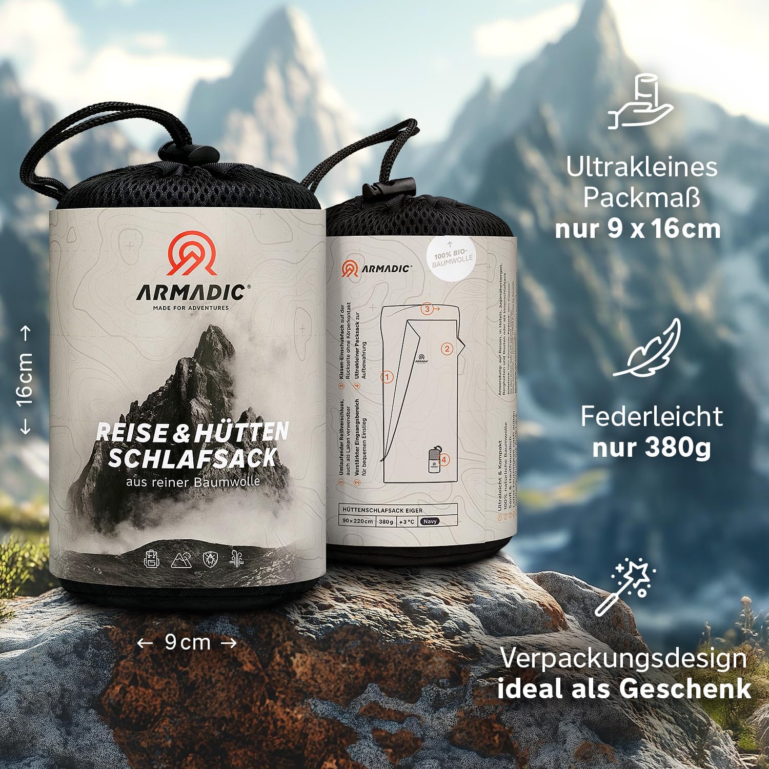 Thumbnail 2 de Armadic Hüttenschlafsack aus Bio-Baumwolle oder Mikrofaser – ultraleichtes Inlett für Reisen (230 g / 380 g)