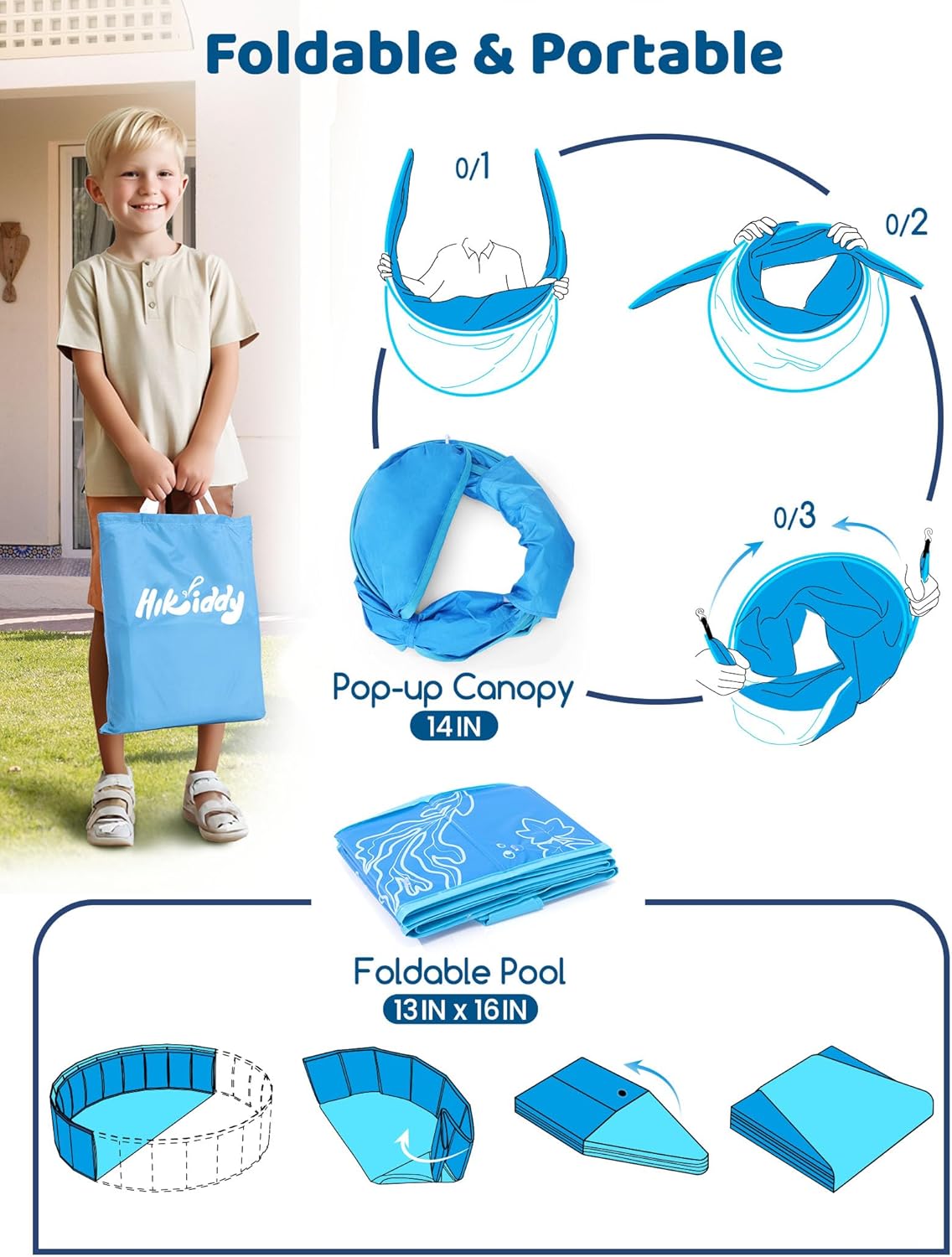 Thumbnail 3 de Hikiddy Foldable Kiddie Pool with Canopy (47in) — Sun Safe, Portable Backyard Water Fun