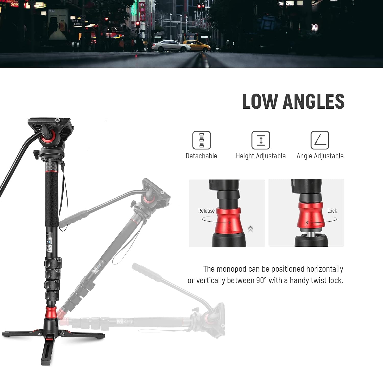 Detalle 2 de NEEWER GM76 Professional Camera Monopod with Feet, Fluid Pan Tilt Head & Removable Tripod Base