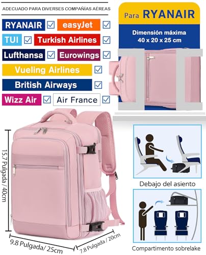Detalle de KLOSTAIN Mochila de viaje cabina 40x20x25 (20L) para avión y portátil de 14” rosa
