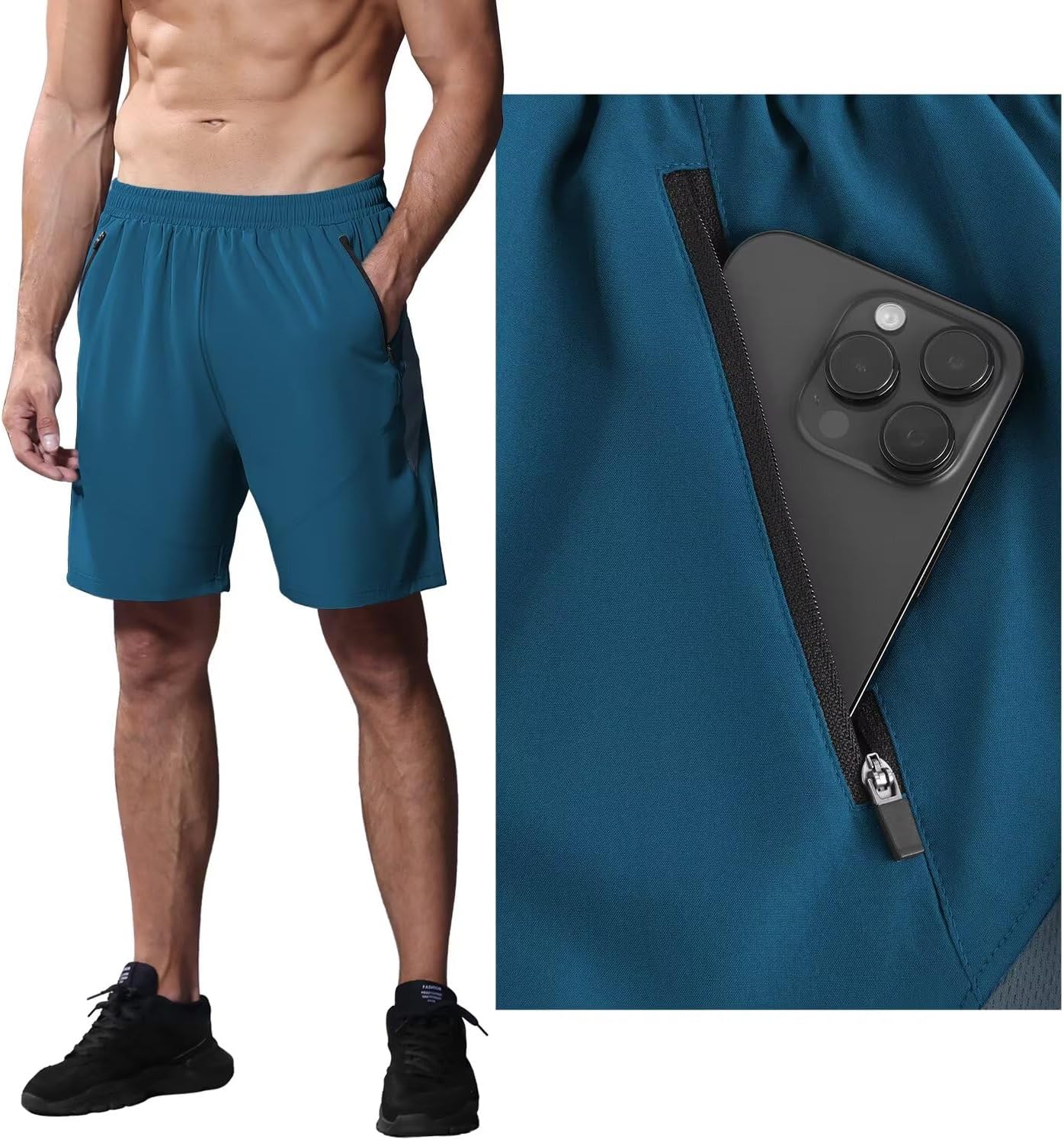 Detalle 2 de HMIYA Herren-Sport-Shorts – schnelltrocknend, mit Reißverschlusstaschen