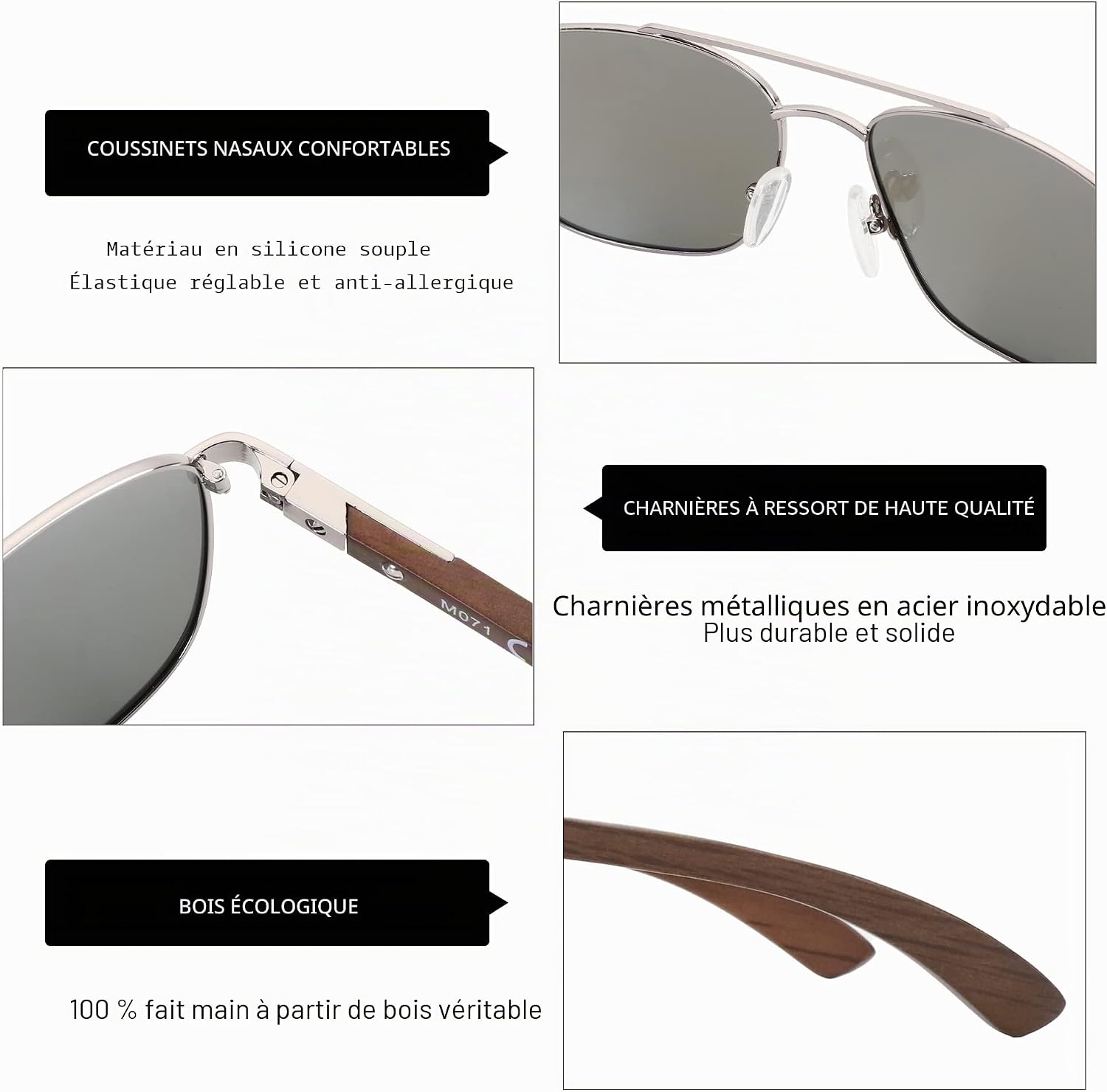 Detalle de ZENOTTIC Lunettes de soleil polarisantes pilote homme – monture carrée en bois et métal