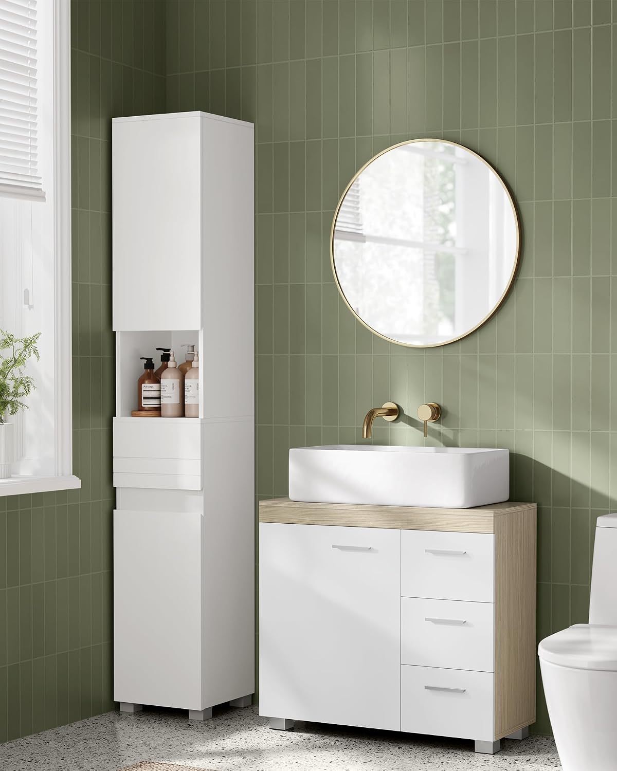 Detalle de VASAGLE Mobile sottolavabo BBK504K01 con 3 cassetti laterali e 2 vani dietro anta (30 x 70 x 64 cm) bianco e beige