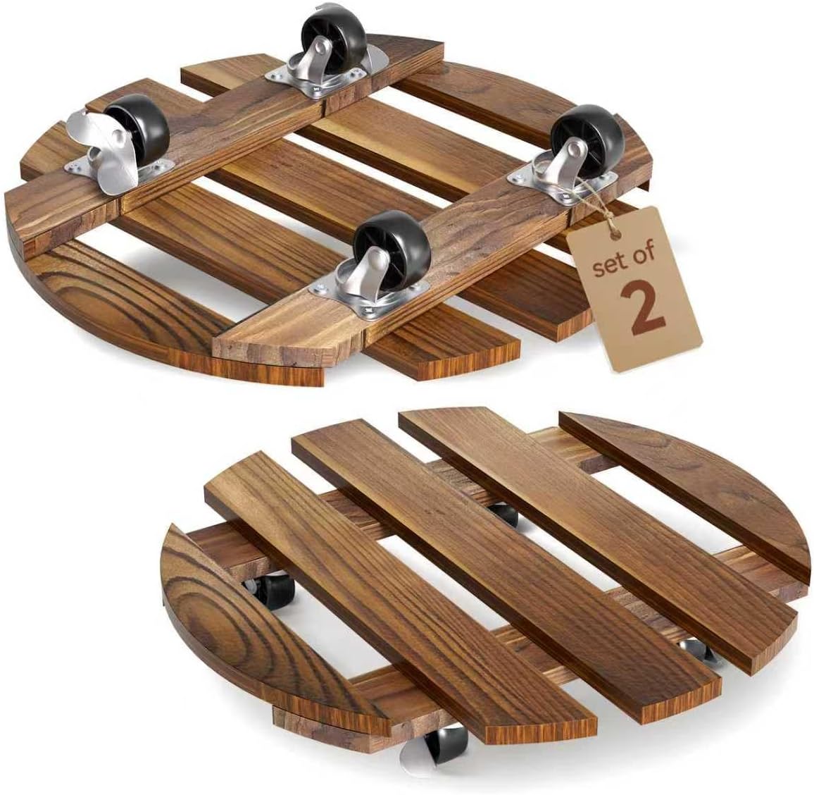 Detalle de Lissomballon 12-Inch Wood Plant Caddies, 2-Pack with Locking 360° Wheels