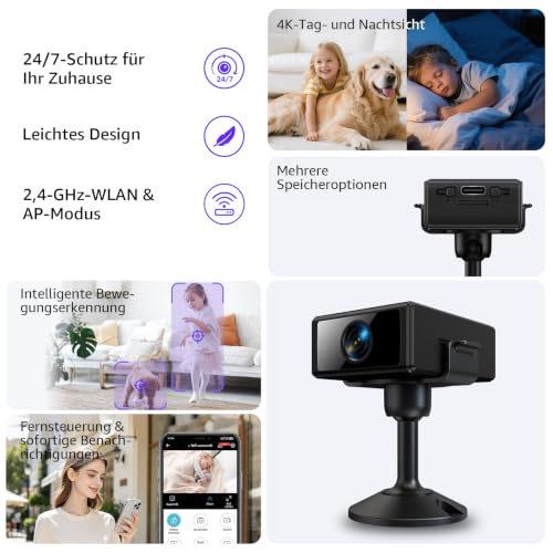 Detalle 2 de Liretope Mini Kamera 4K WLAN Überwachungskamera Innen – kompakte 4K-Sicherheit mit Akku & App