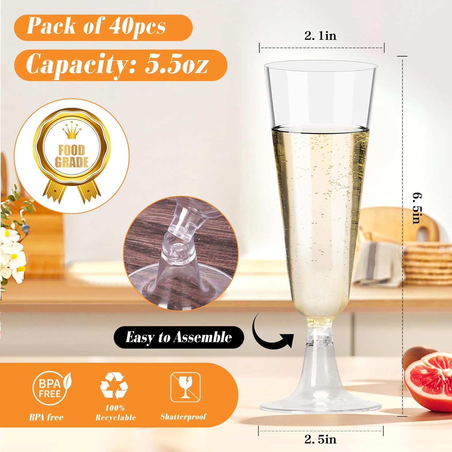 Detalle de GuanQiao 20-Pack Plastic Champagne Flutes, 5.5 oz - Clear Disposable Glasses with Stem