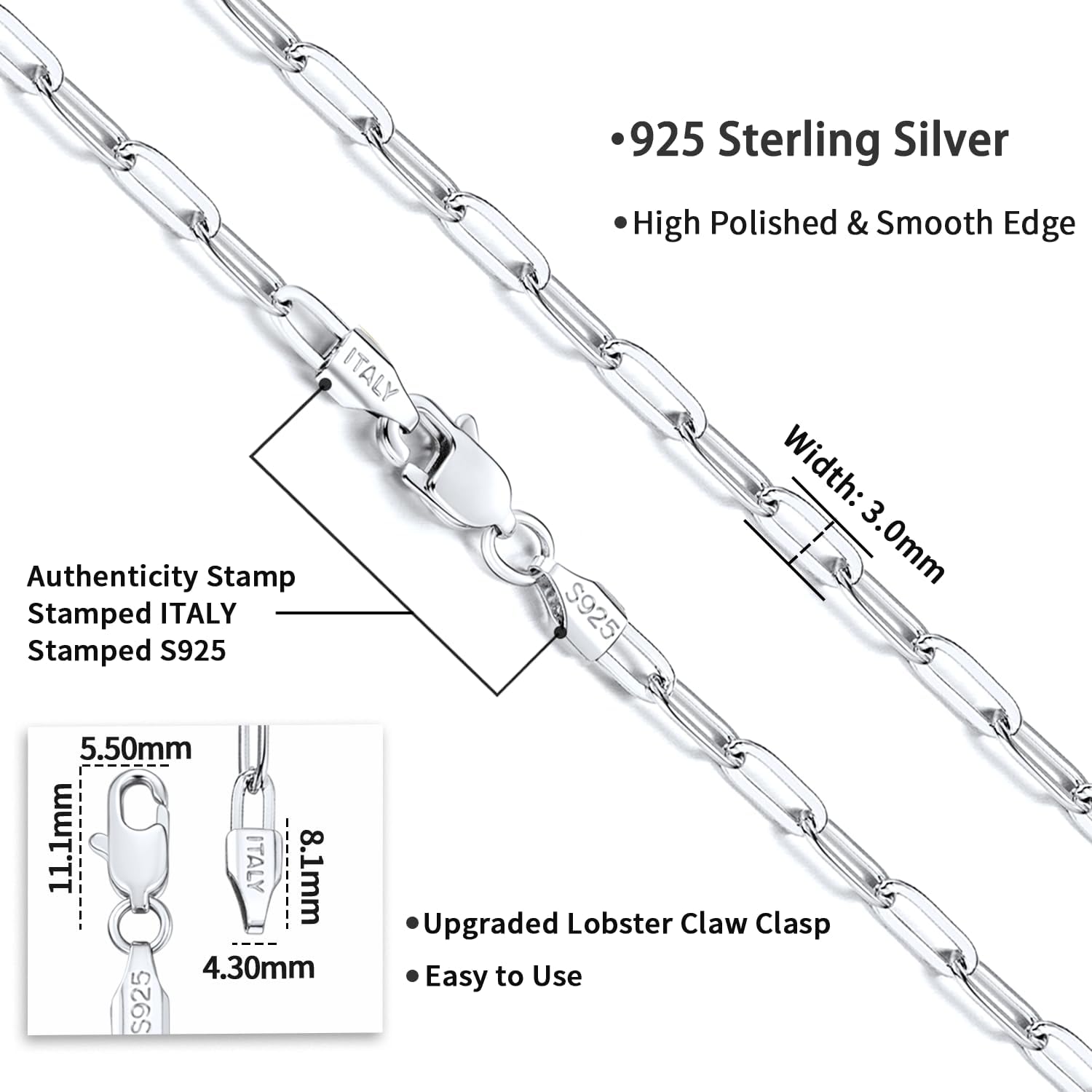 Detalle de Jewlpire Paperclip Chain Necklace, 925 Sterling Silver