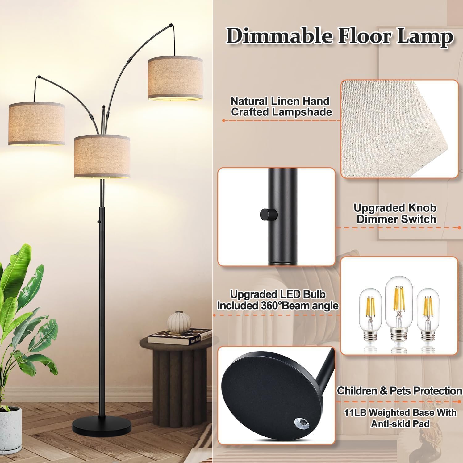 Detalle de Dimmable Arc Floor Lamp with 3 Beige-Shaded Lights – 203 cm Tall, Heavy Base, Includes 3 LED Bulbs