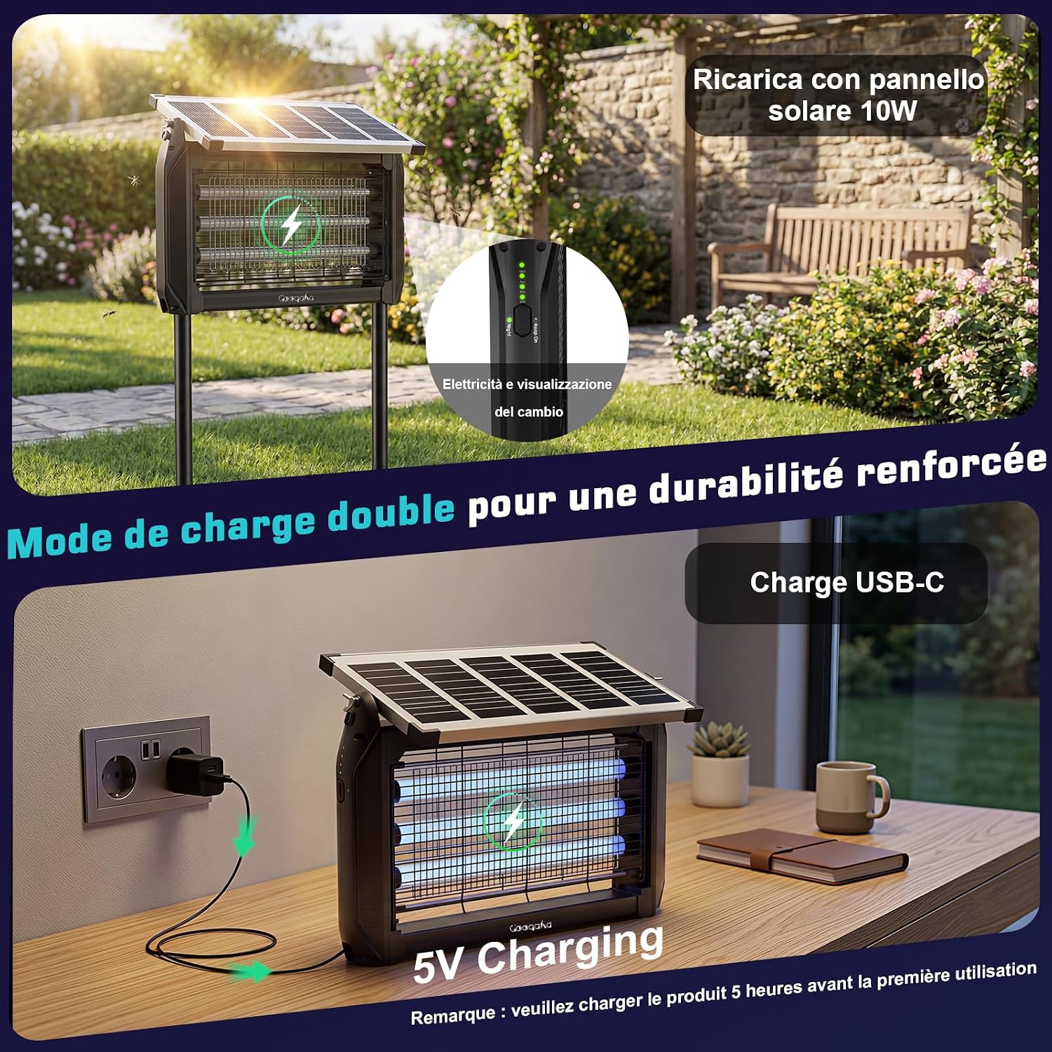 Detalle 2 de GooQand Lampada Antizanzare Elettrica Solare: protezione esterna senza fili per patio e giardino