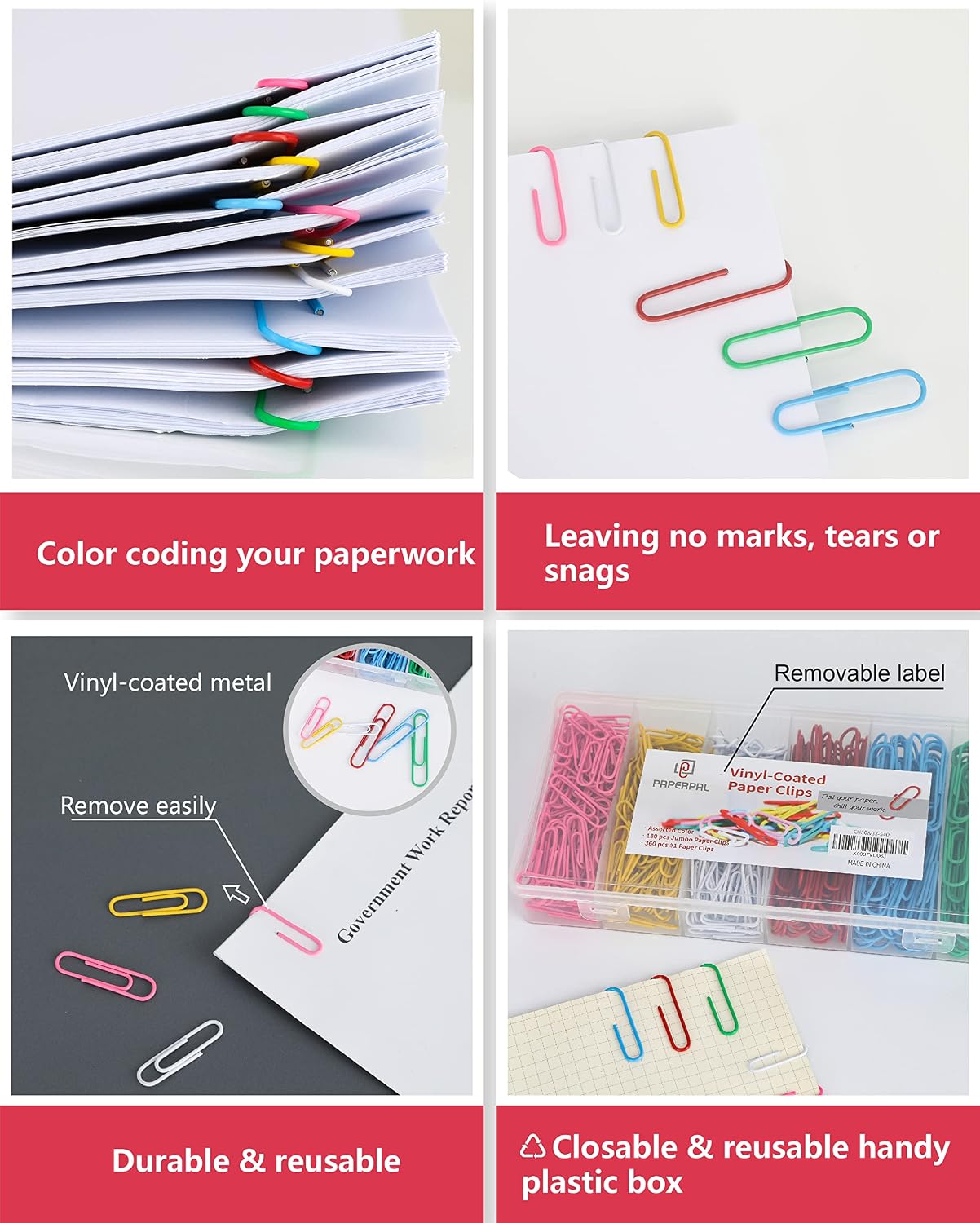 Detalle 2 de PAPERPAL 540-Count Vinyl-Coated Paper Clips, 2 Sizes, 6 Colors