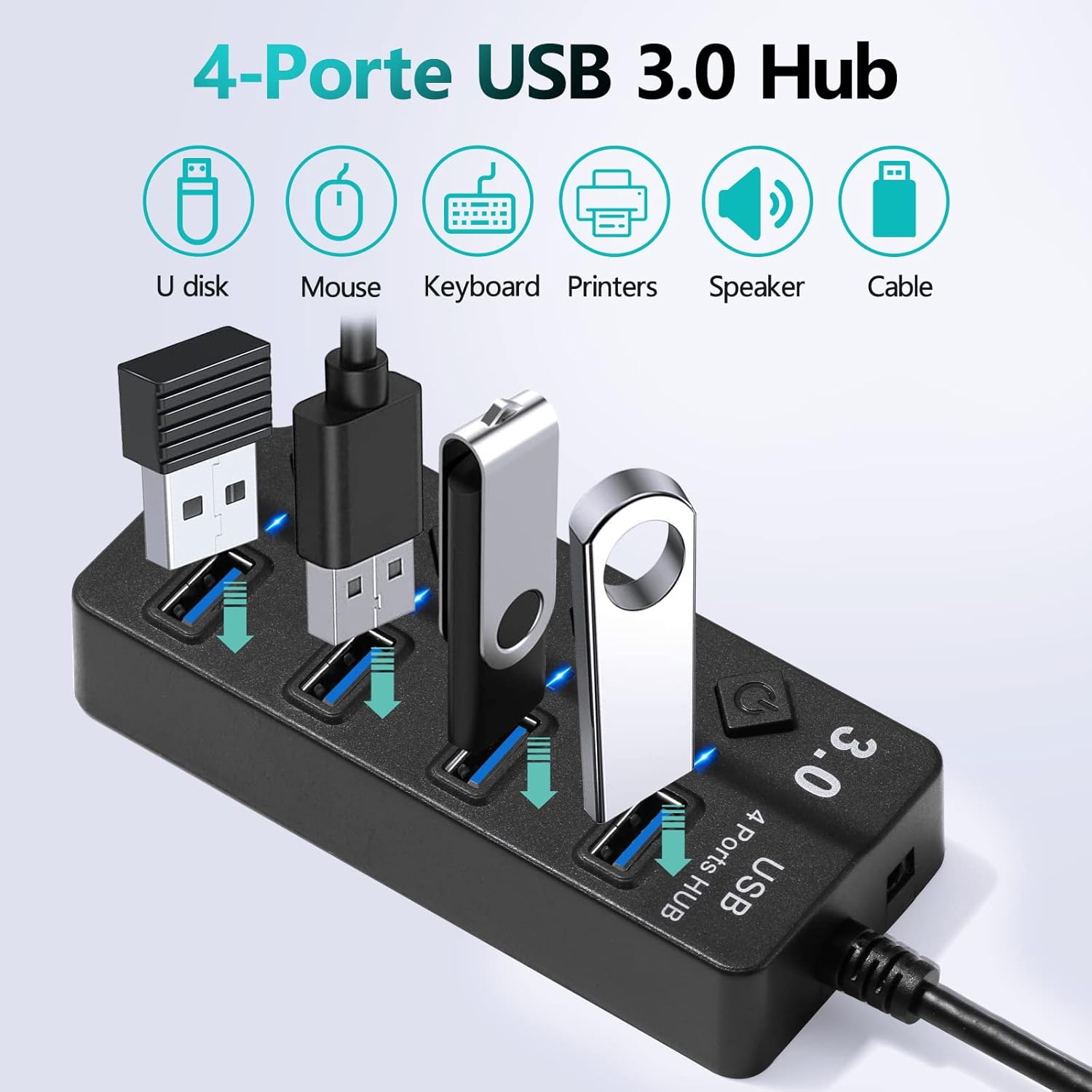 Thumbnail 2 de Hoppac USB Hub 4 in1: Hub USB con interruttore separato e LED, 1 porta USB 3.0 + 3 USB 2.0