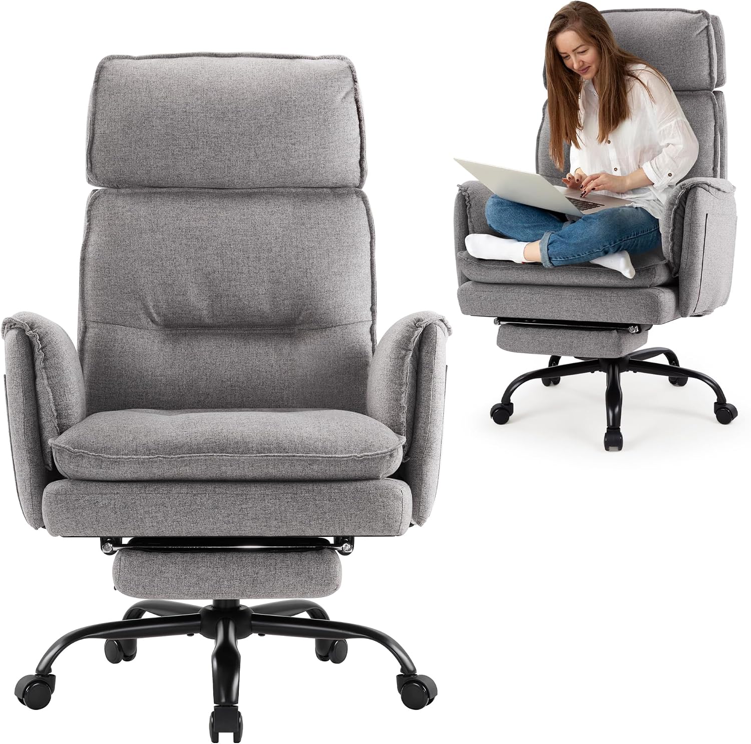 Detalle de IWMH Ergonomischer Bürostuhl XXL 227 kg – Chefsessel mit Fußstütze, Kopfstütze und 135° Neigefunktion (Grau)