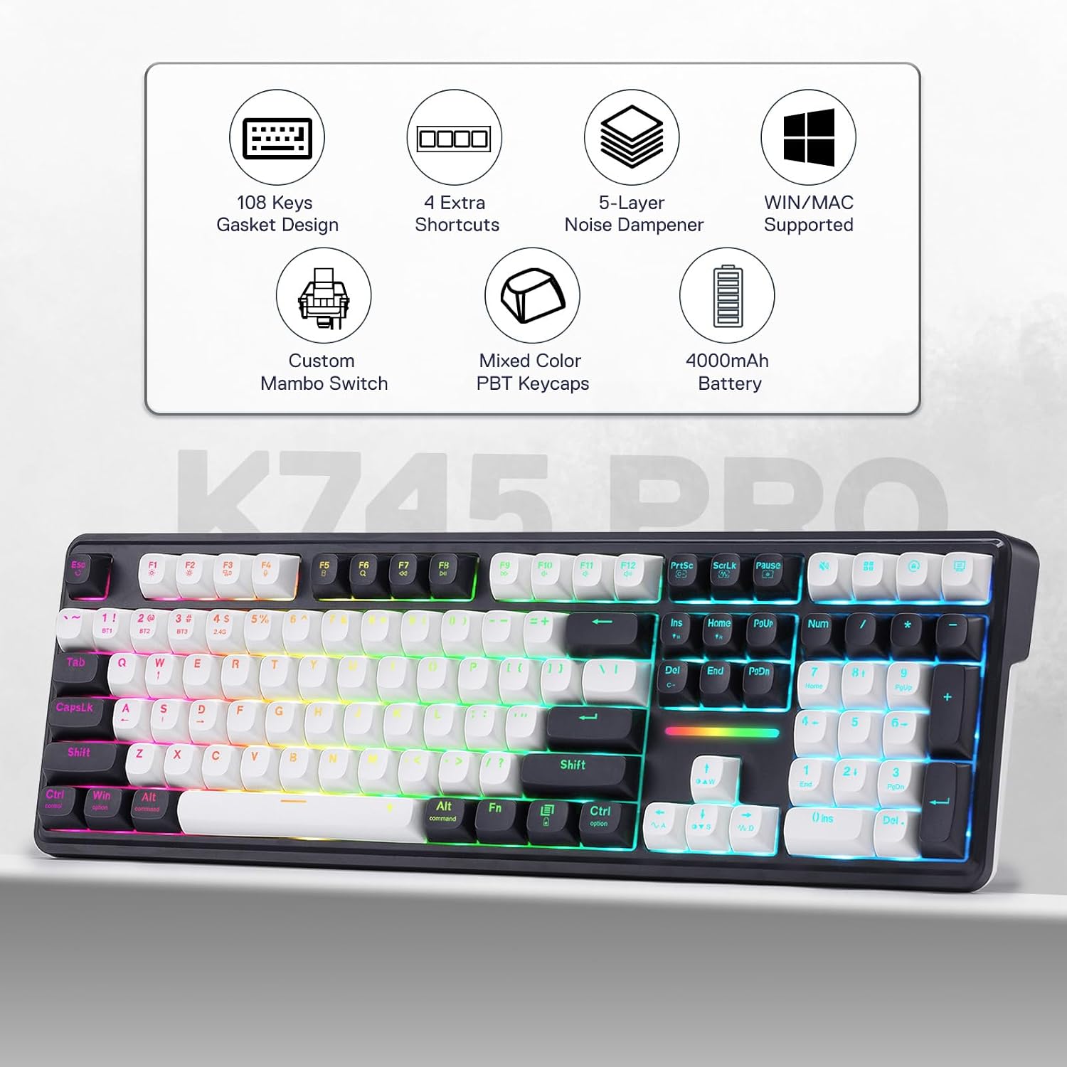 Thumbnail 1 de Redragon K745 PRO Wireless 108-Key Gaming Keyboard with Gasket Mount, RGB and PBT Keycaps