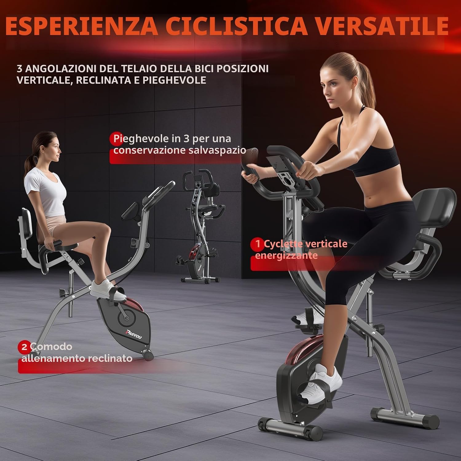 Detalle 2 de PASYOU Cyclette Pieghevole 3 in 1: Cyclette domestica con resistenza magnetica, monitor LCD e sedile regolabile
