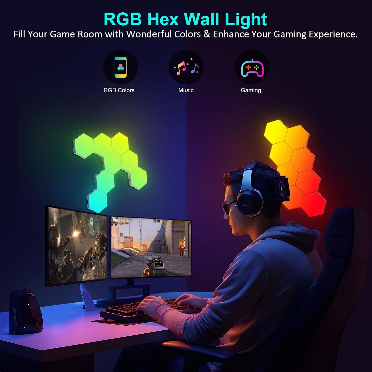 Detalle 2 de MeRGBW-Home 12er Set Hexagon-LED-Panels für Gaming & Deko (RGBW, Musik-Sync, App- und Fernbedienung)