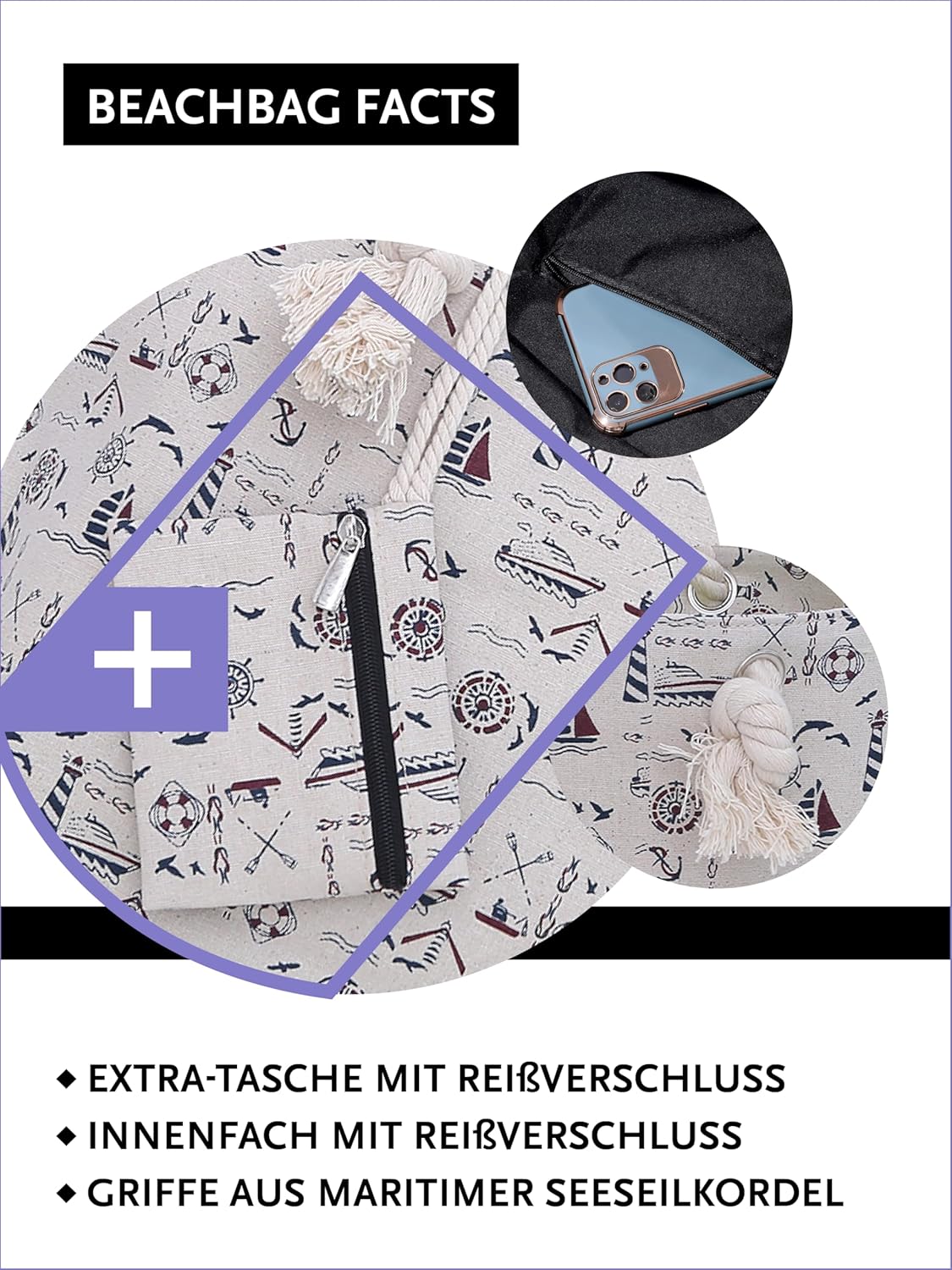 Thumbnail 2 de DonDon Strandtasche XXL mit Reißverschluss – robuste Umhängetasche & Shopper Bag für den Beach-Look