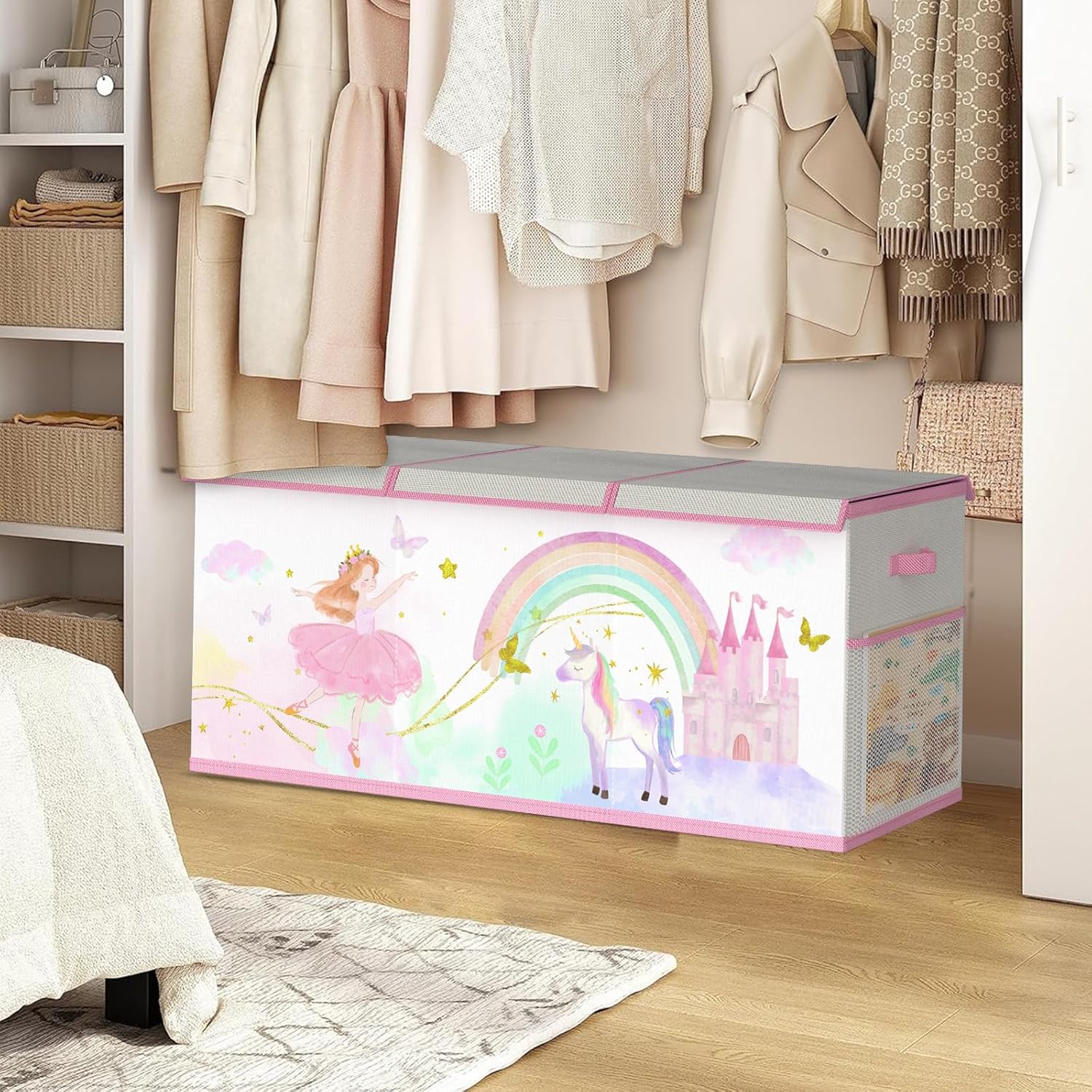 Detalle de Extra Groß Aufbewahrungsbox Spielzeugkiste mit Deckel (faltbar) – Beige & Lila