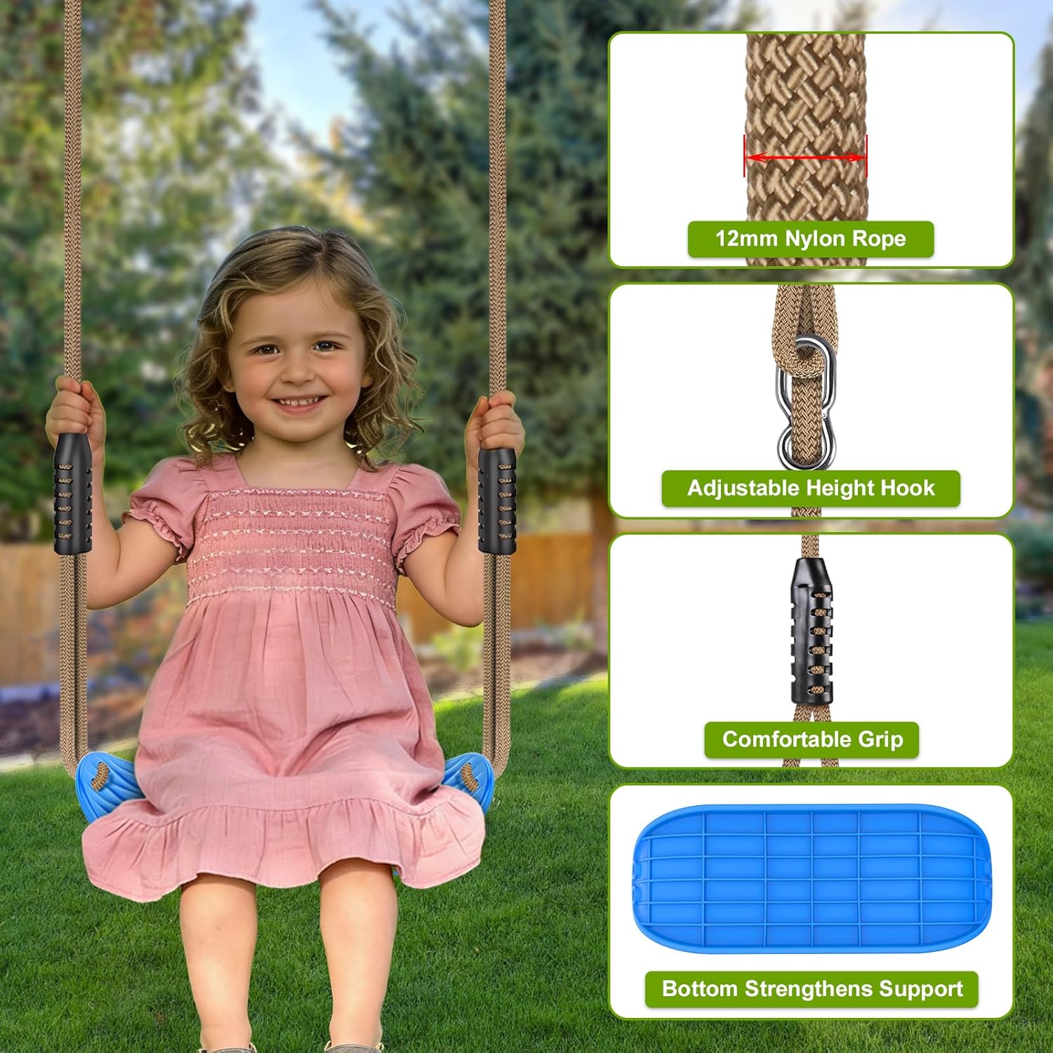 Thumbnail 6 de BeneLabel Swing Seat for Kids and Teens: Water Ripple Hard Plastic Swing with Adjustable Rope