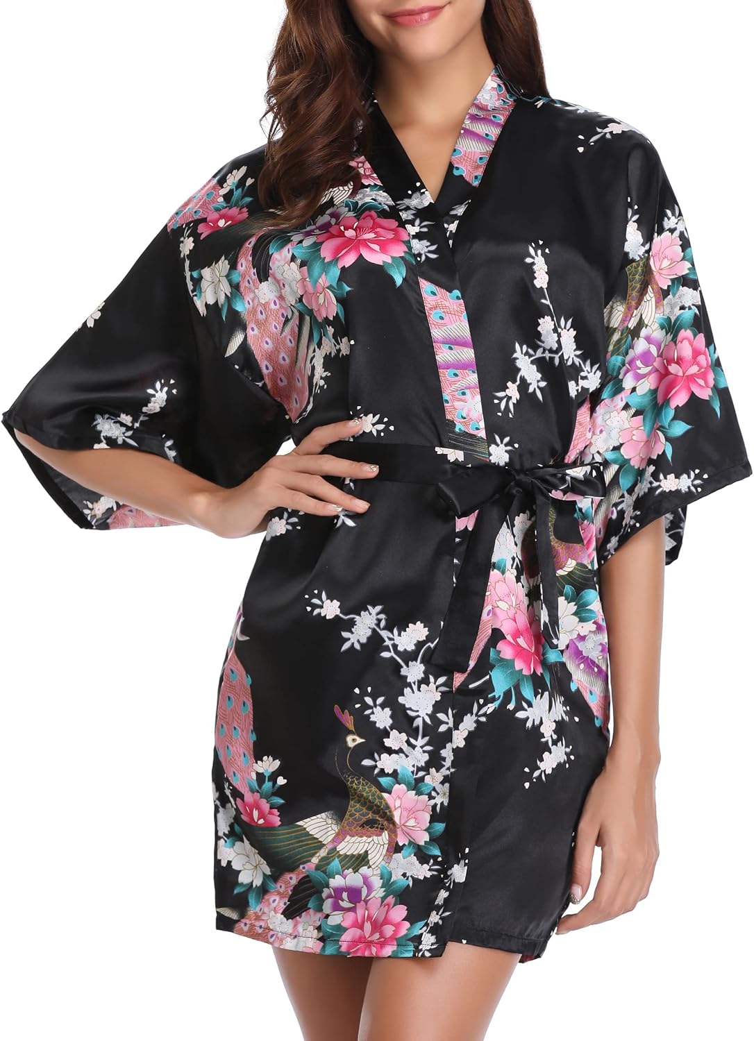 Vlazom kimono japonais satin court pour femme – peignoir mariée et demoiselle d’honneur