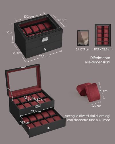 Detalle de SONGMICS BRIDIE JWB020R01 porta orologi a 2 livelli, 20 posti e coperchio in vetro