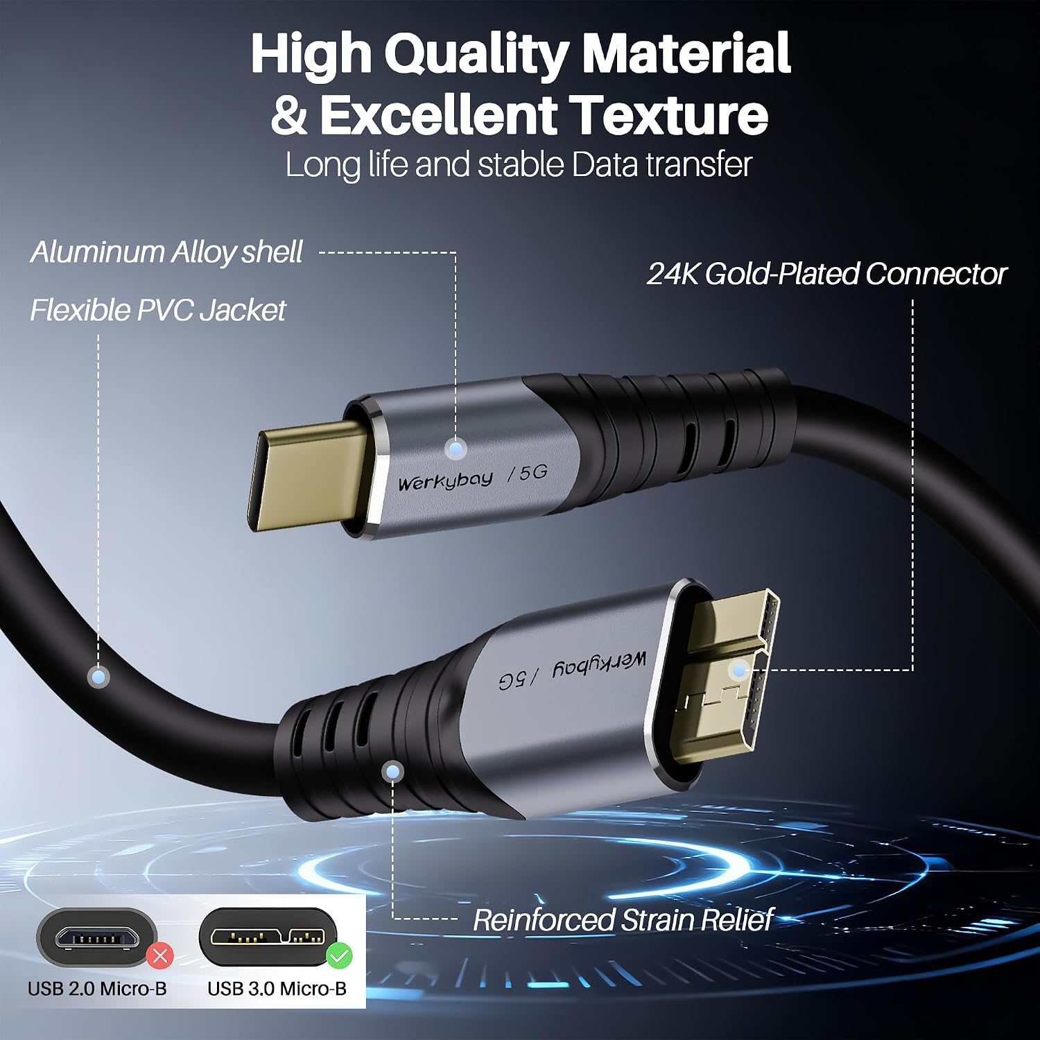 Detalle de Werkybay Micro B 3.0 auf USB C Kabel 2m – robustes USB 3.0 Micro-B zu USB-C Ladekabel