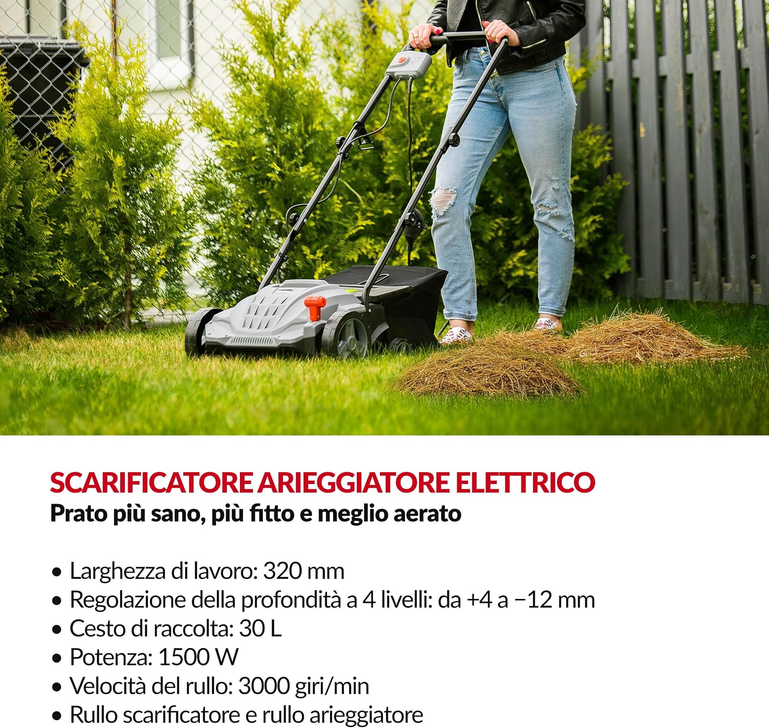 Detalle 2 de LEHMANN Alyssum Scarificatore Arieggiatore Elettrico 2 in 1, 1500 W, 32 cm, 30 L