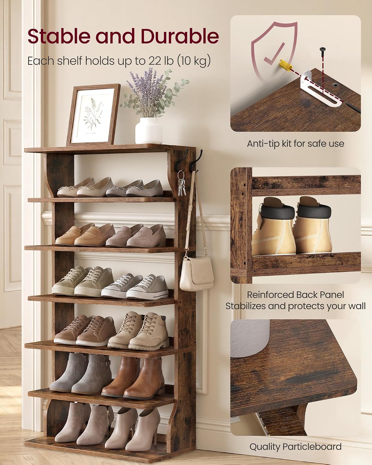 Thumbnail 4 de VASAGLE ULBS220KD01 7-Tier Shoe Rack, Slim Rustic Brown Organizer with Hooks
