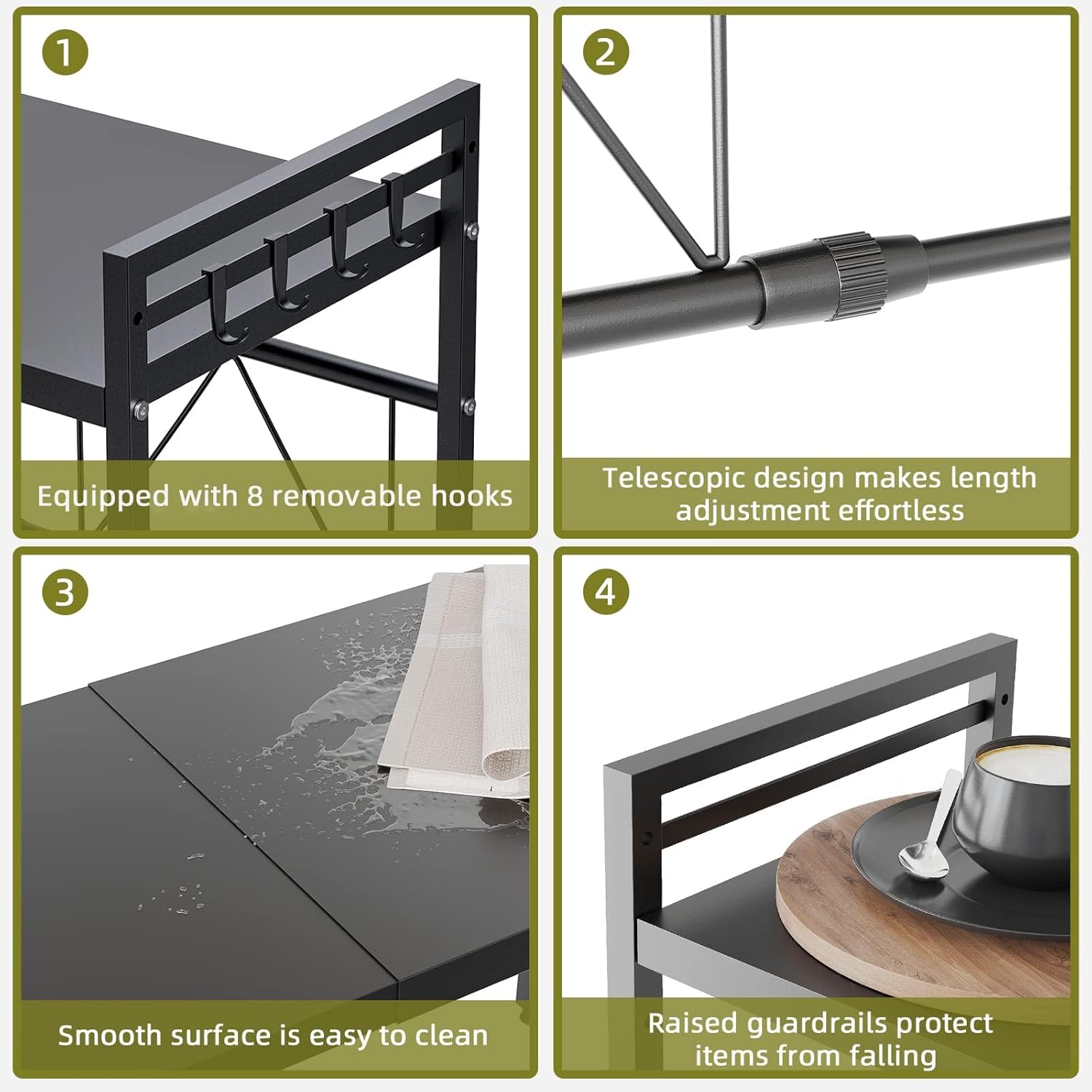 Thumbnail 5 de NETEL Expandable Microwave Shelf (2-Tier Stand) with 8 Hooks for Kitchen Countertop Organisation