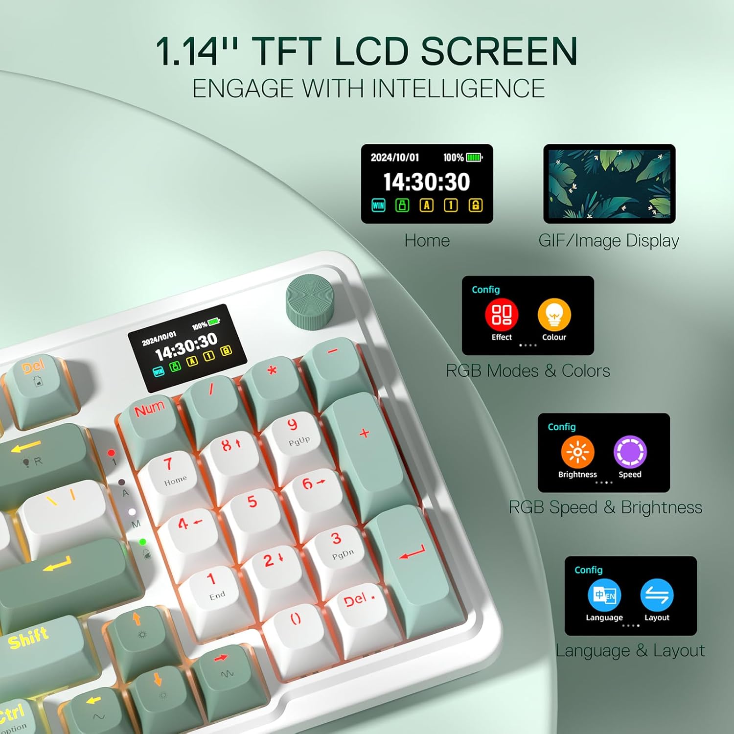 Detalle 2 de Redragon K719 Kabellose Gasket-Gaming-Tastatur mit 95 Tasten, TFT-Display und linearen Mint Mambo Switches